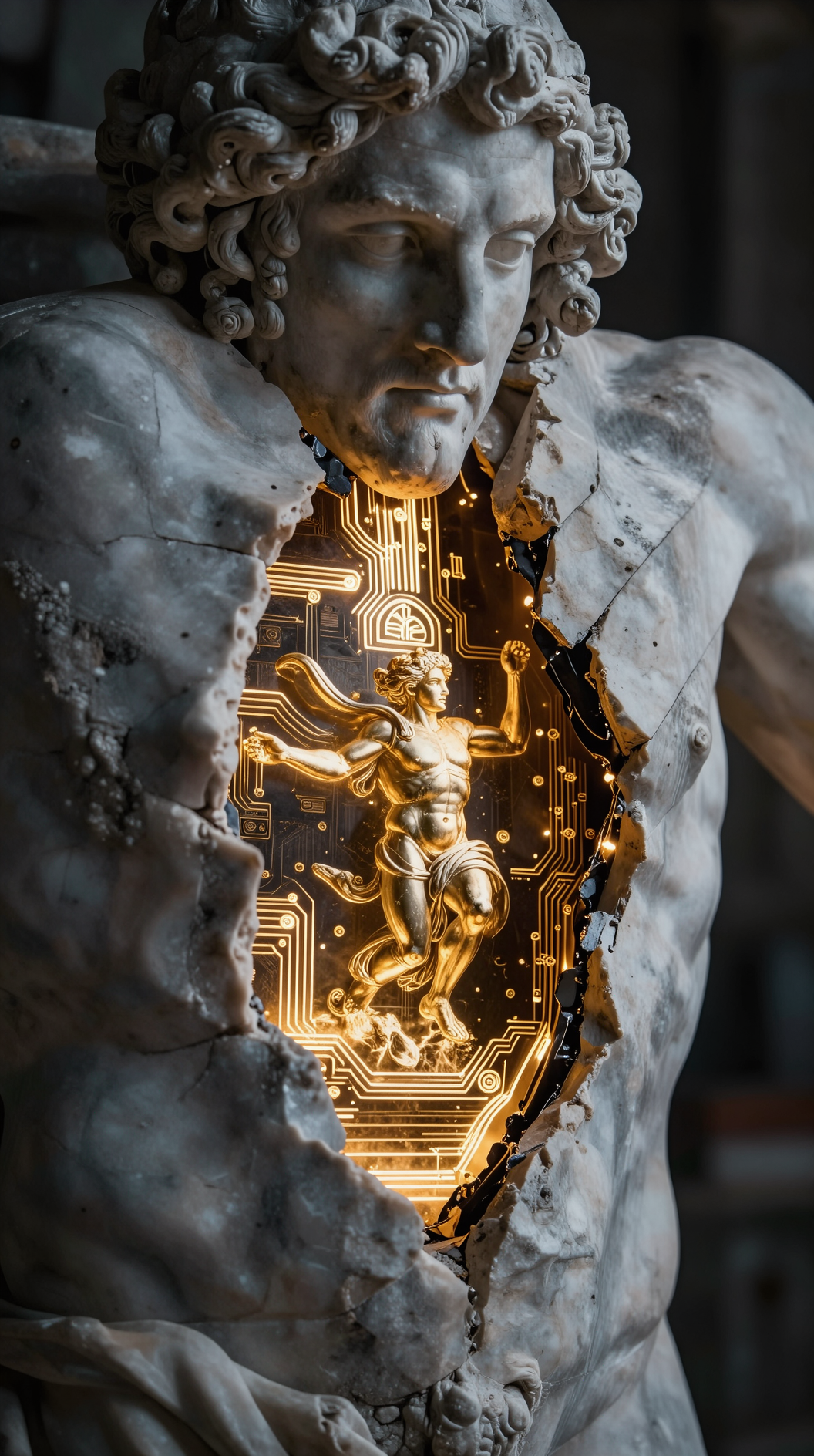 A cinematic close-up of a marble statue of Apollo cracking, revealing glowing golden circuitry and shifting symbols of Hermes beneath the surface, dramatic chiaroscuro lighting, 8k resolution, hyper-realistic stone texture.