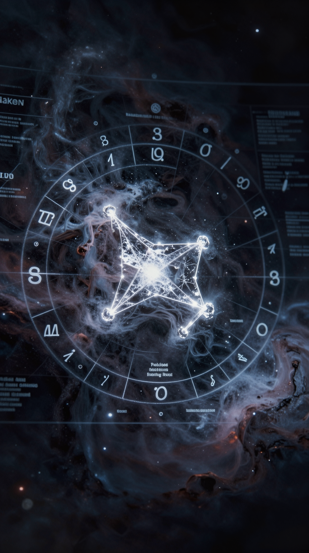 A celestial map of the Zodiac projected onto a dark, swirling nebula, with a single constellation pulsing in a mercury-silver light, ethereal atmosphere, cosmic dust, wide angle.