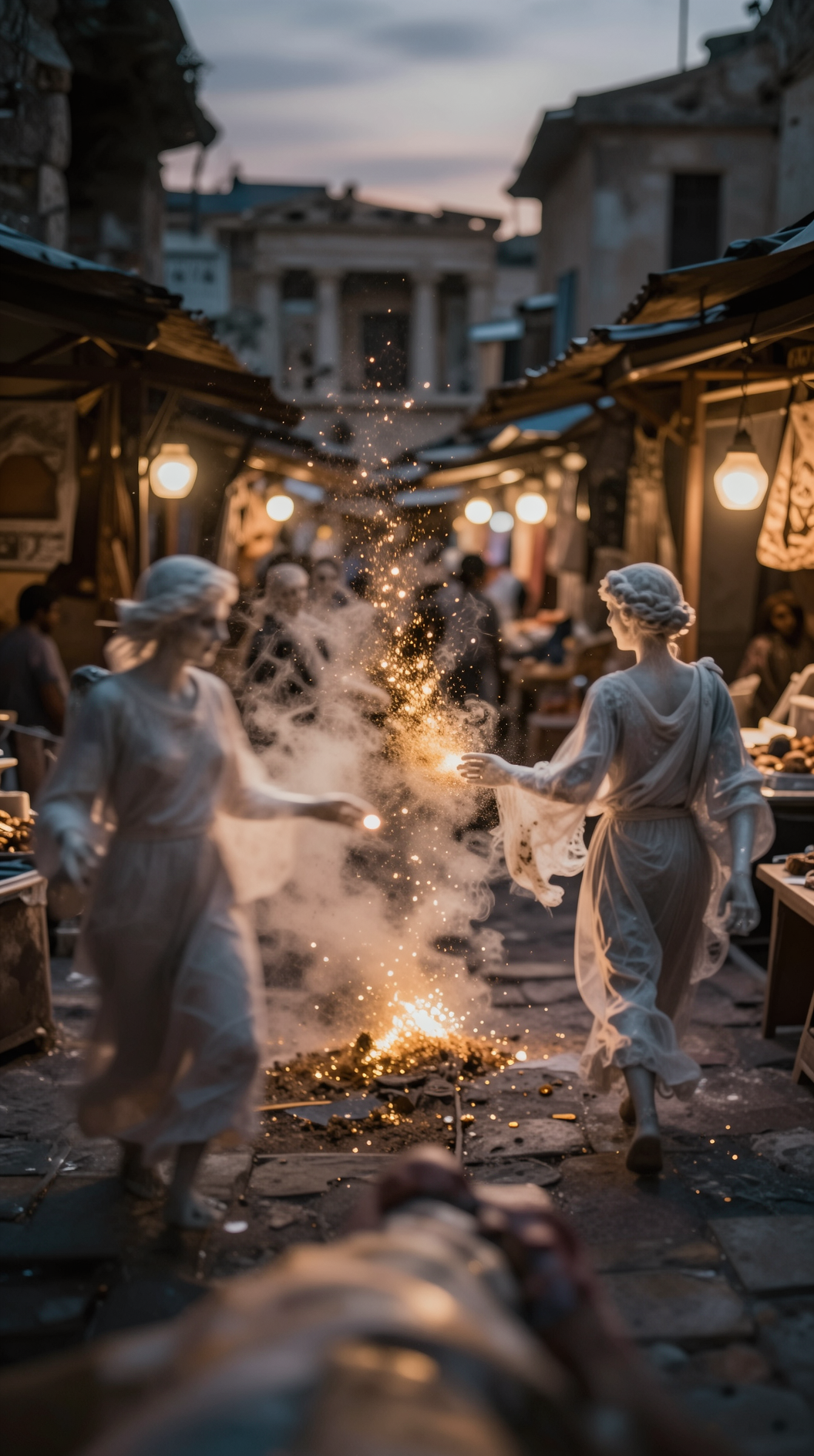 A first-person perspective walking through an ancient Greek marketplace at dusk, where ghostly figures of Hermes blur past, the air thick with incense and golden particles, dreamlike aesthetic, shallow depth of field.