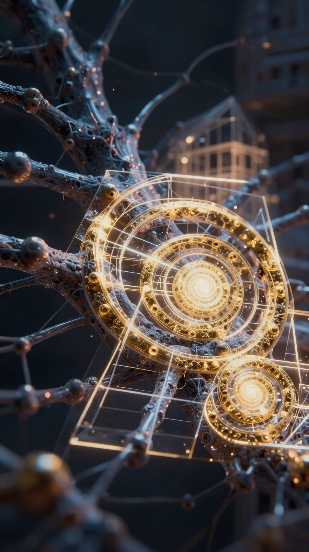 A hyper-realistic, cinematic macro shot of neural pathways transforming into glowing geometric fractals, where biological neurons merge seamlessly into mathematical golden ratio spirals and architectural light structures.
