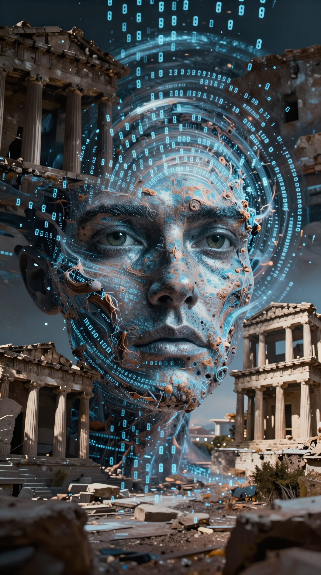 A surrealist double exposure of a human face dissolving into a swirling vortex of binary code and ancient Greek architectural ruins, symbolizing the synthesis of material biology and Neoplatonic forms.