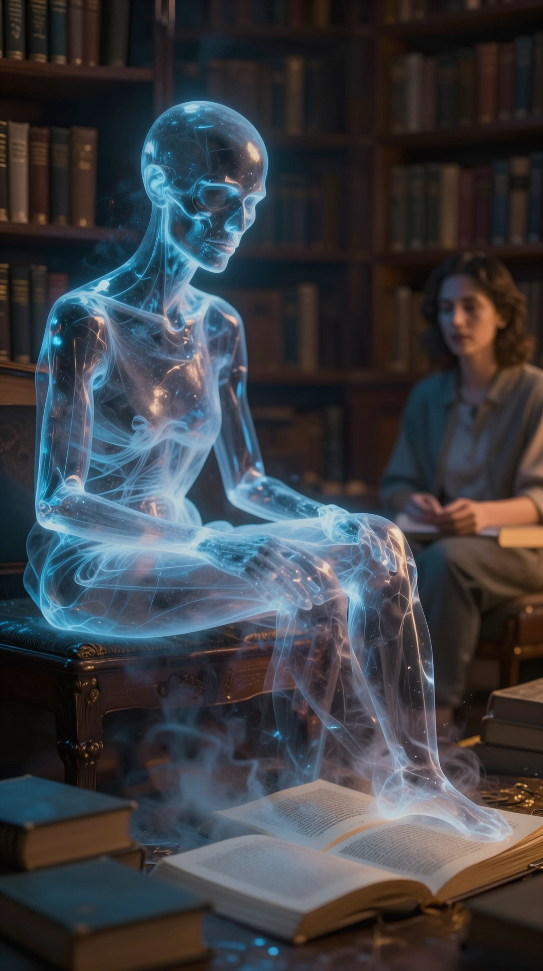 A haunting, dreamlike scene of a translucent figure sitting in a library, their body becoming increasingly transparent as they merge into the pages of books and the hazy memories of a person sitting nearby, ethereal blue and amber lighting.