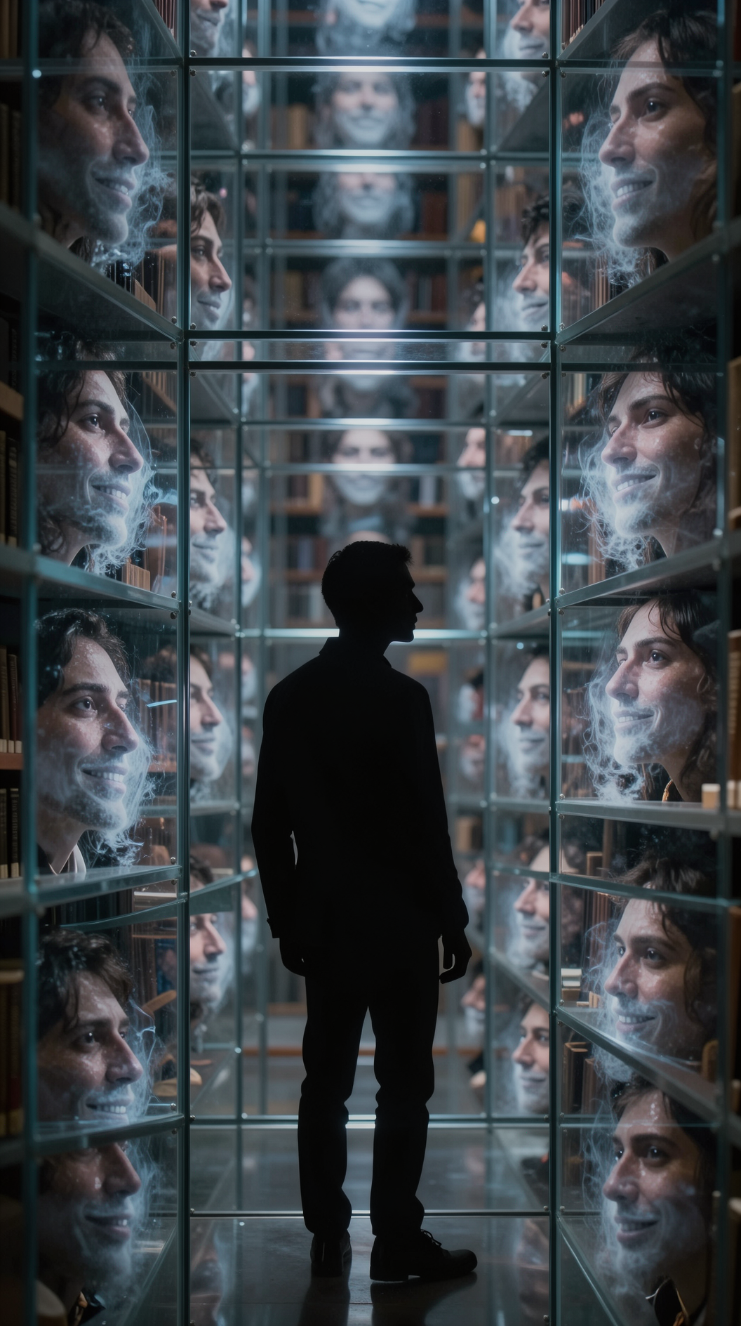 A surrealist cinematic shot of a human silhouette standing in a vast, infinite library where the shelves are made of translucent glass; inside each glass pane, a different version of the same person’s face is flickering between a living expression and a ghostly, fading smile.