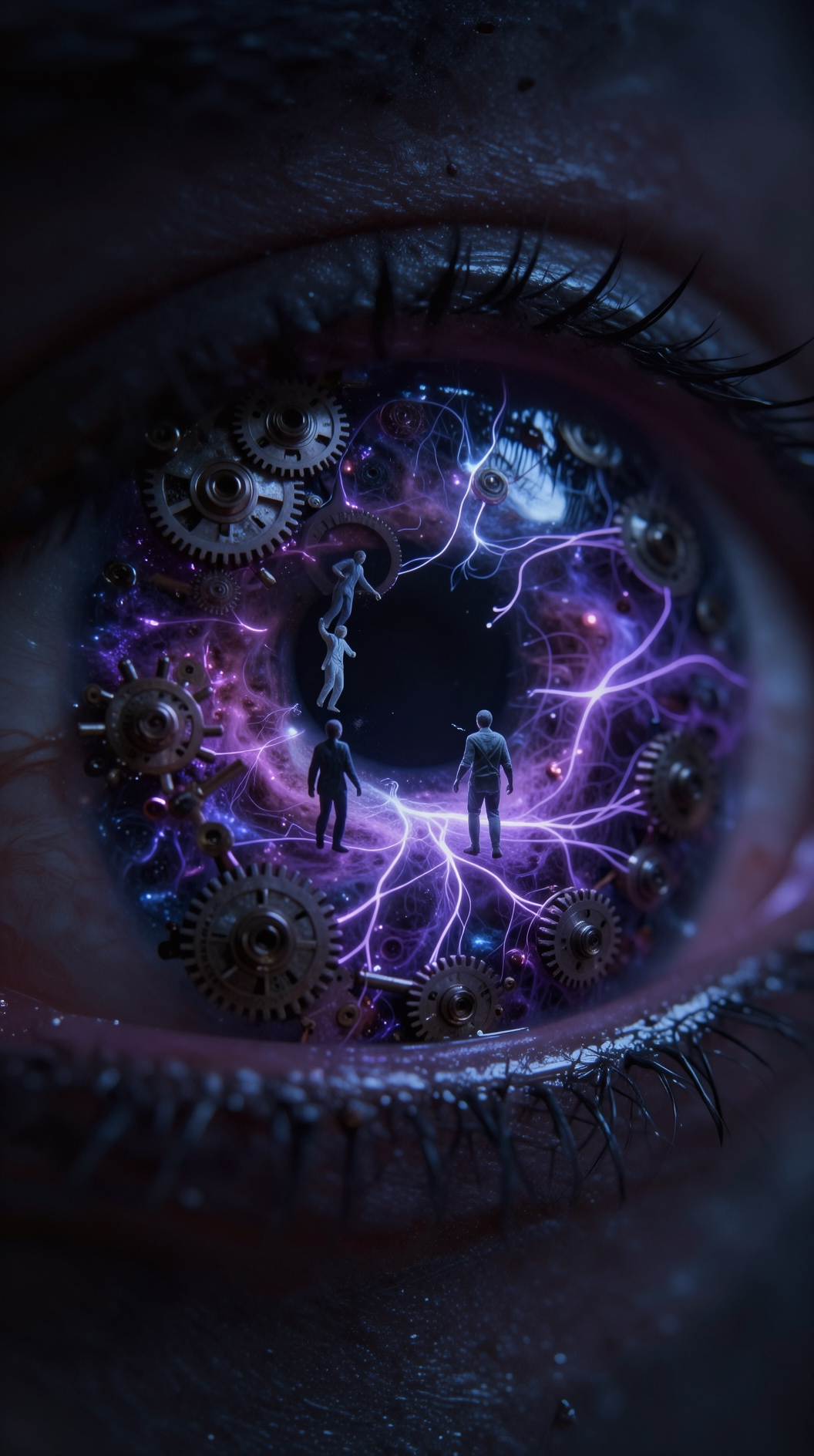 A dark, moody macro close-up of a human eye where the iris is composed of swirling cosmic nebulae and clockwork gears; inside the pupil, tiny spectral figures are seen moving through a labyrinth of neural pathways that glow with a faint, sickly violet light.