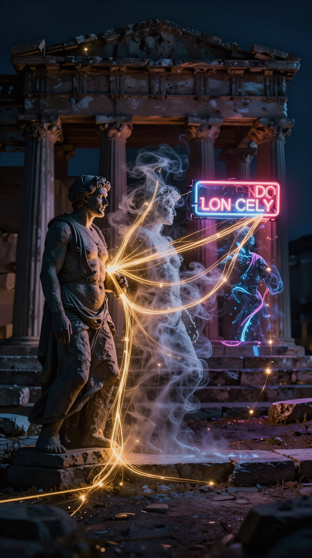 An ancient Greek temple ruins at midnight, where a dualistic shadow splits into three distinct forms—one solid and stone-like, one ethereal and smoke-like, and one flickering like a faulty neon sign—all connected by glowing golden threads of light.