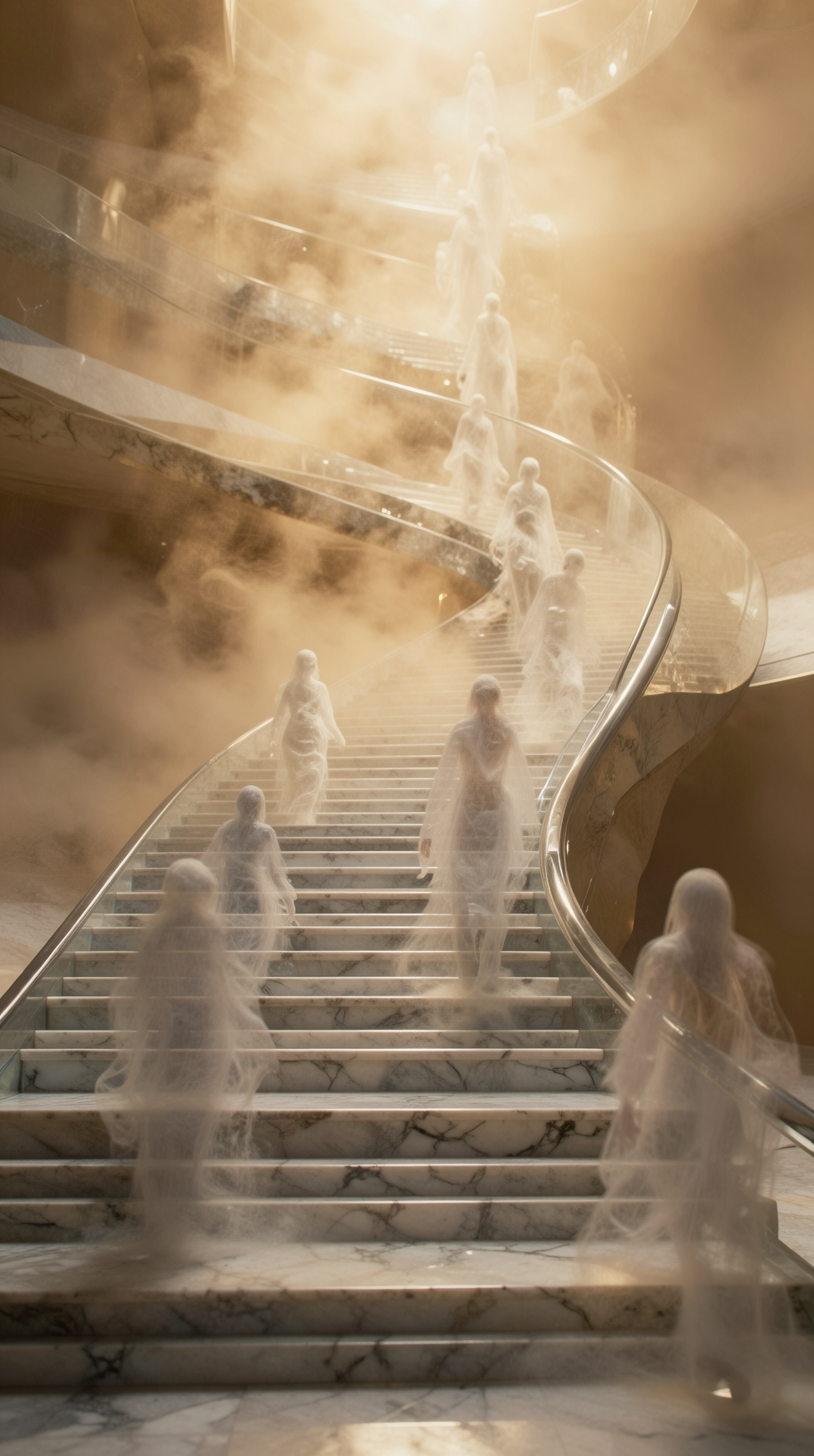 A cinematic wide shot of a vast, translucent marble staircase spiraling upward into an infinite golden mist, where ghostly figures dissolve into light as they ascend, hyper-realistic, ethereal lighting, 8k resolution.