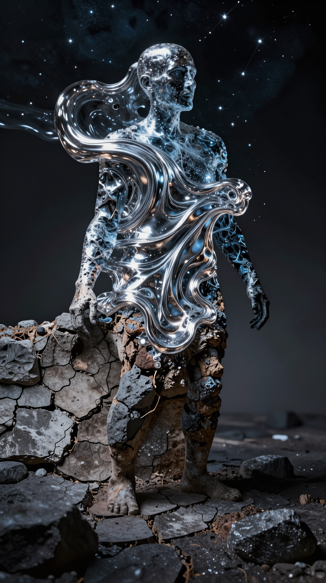 A symbolic conceptual art piece showing a human silhouette split into layers, with the lower half made of dense cracked earth and stone, and the upper half dissolving into flowing liquid mercury and constellations, dramatic chiaroscuro.