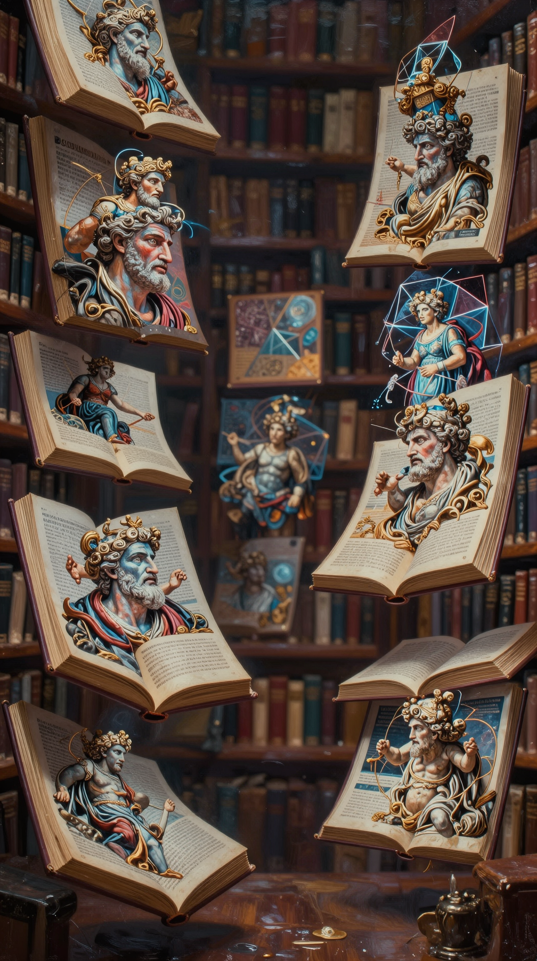 A surrealist library where the books float in mid-air, each page revealing a different Greek deity, but the faces of the gods are constantly shifting and morphing into abstract geometric patterns, oil painting style, vivid textures.