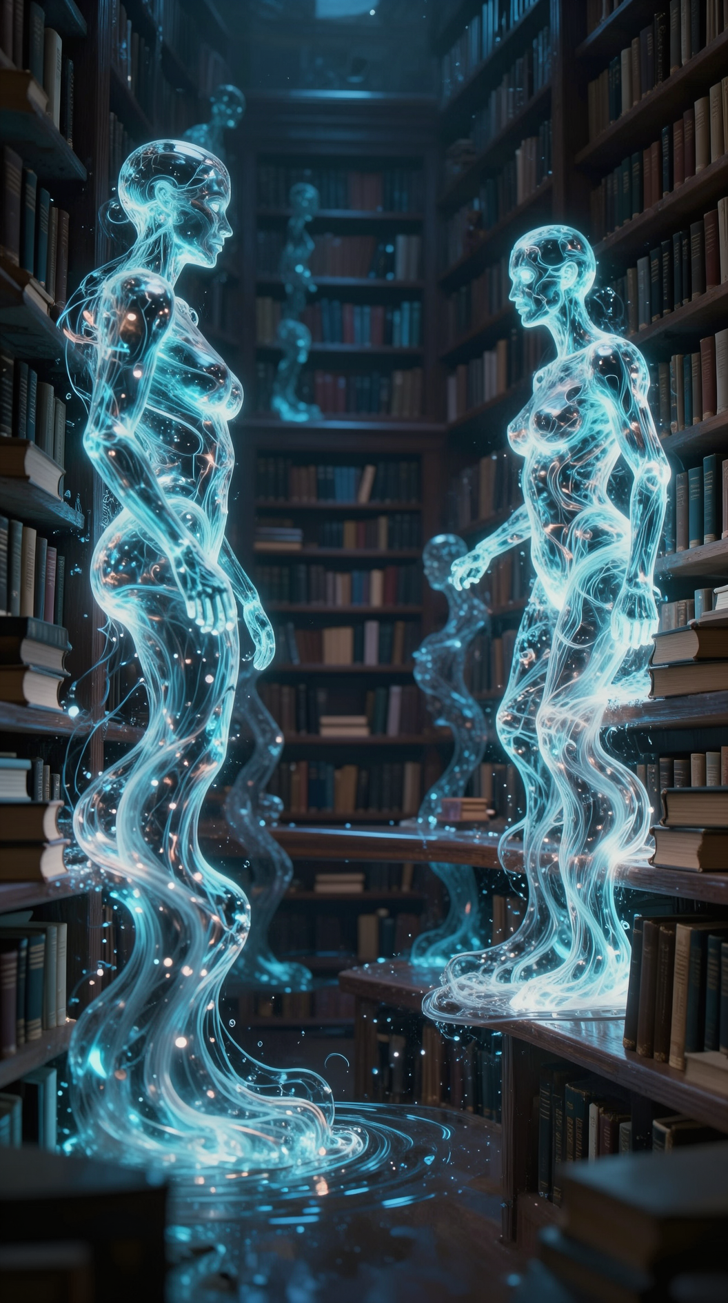 A cinematic wide shot of a vast, ethereal library where the books are made of glowing liquid light, flowing between shelves to form humanoid silhouettes that dissolve and reform, symbolizing memetic intersubjectivity.