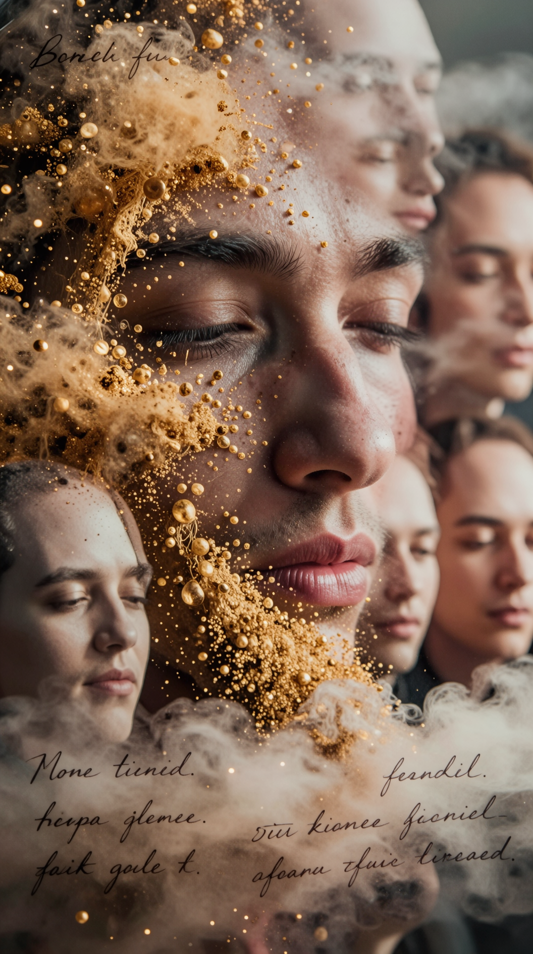 A surreal close-up of a human face partially dissolving into a cloud of golden particles and handwritten script, with multiple overlapping expressions showing a transition from individual ego to a collective, faceless consciousness.