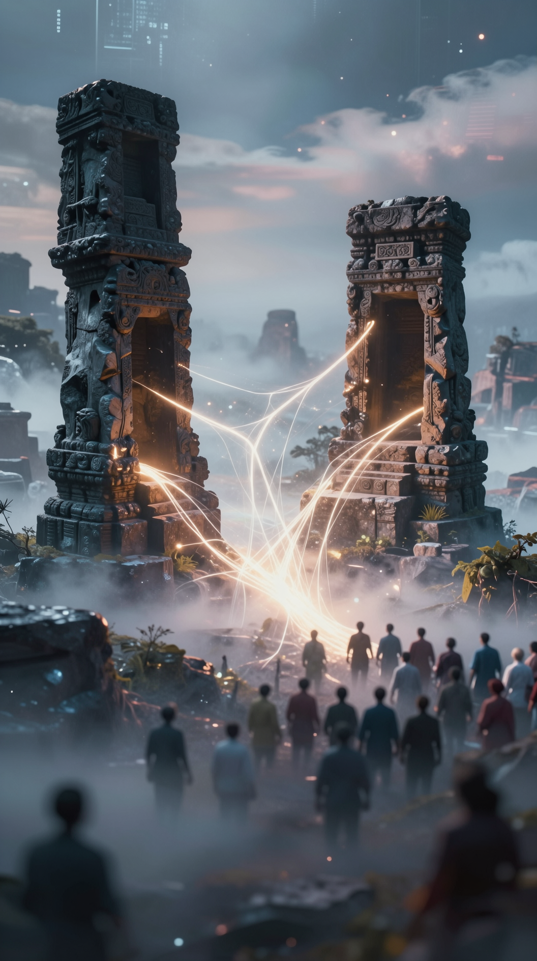 An abstract, dreamlike landscape where ancient stone monuments emerge from a digital mist, with glowing threads of light connecting the monuments to a crowd of blurred figures, representing cultural concepts rooted in reality.
