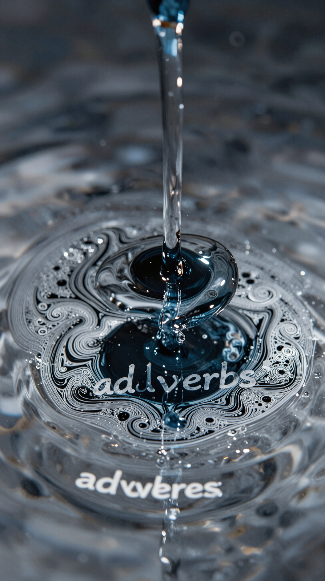 A macro close-up of ink droplets falling into clear water, swirling into complex fractal patterns, symbolizing Dionysian multiplicity and the “adverbs” of existence, slow motion, high contrast.