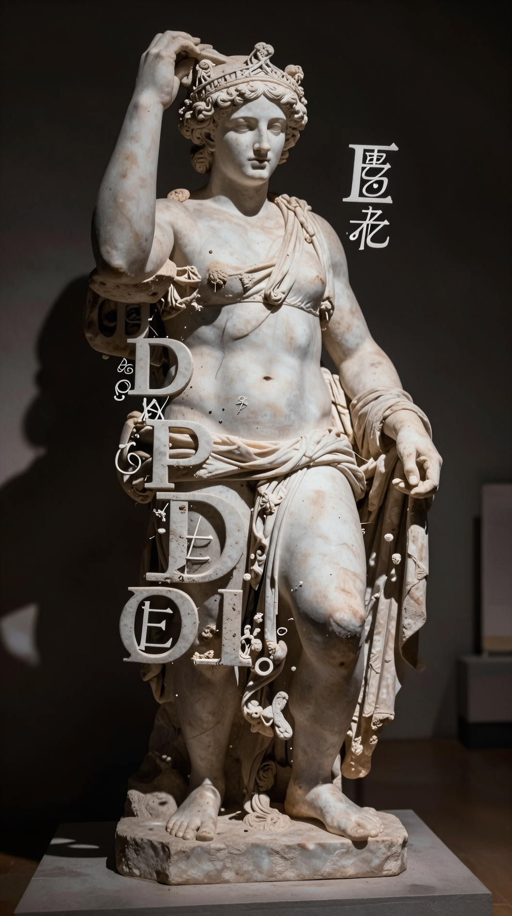 An ancient Greek marble statue of a deity partially dissolving into floating letters and calligraphy symbols, blending classical sculpture with abstract typography, dramatic shadows, museum aesthetic.