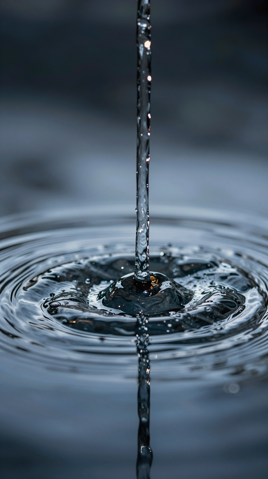 A cinematic close-up of a single drop of water falling into a perfectly still pool, captured at high speed in slow motion, showing the moment the single drop multiplies into hundreds of concentric ripples that expand outward, hyper-realistic, 8k resolution.