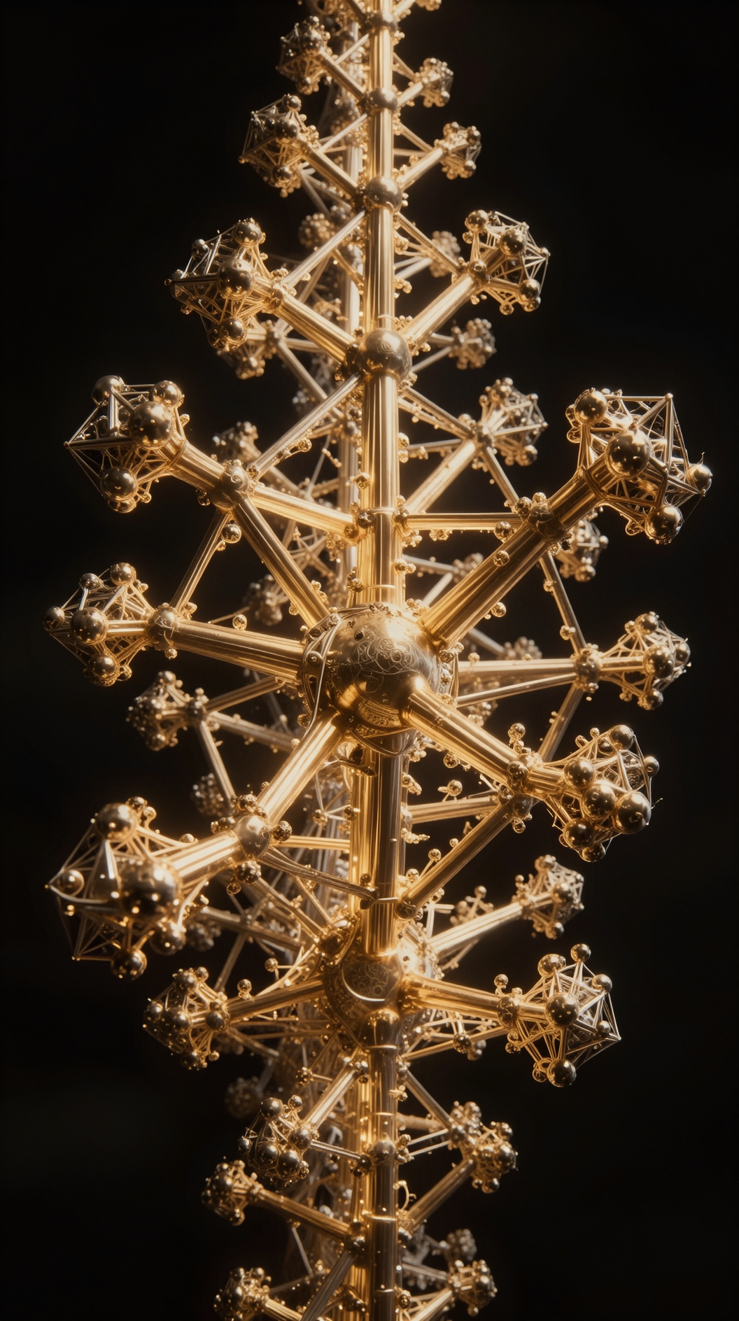 A conceptual 3D visualization of a geometric fractal structure growing from a central core, where a single golden mathematical principle branches into infinite identical iterations, glowing with soft ethereal light against a dark void, architectural style.