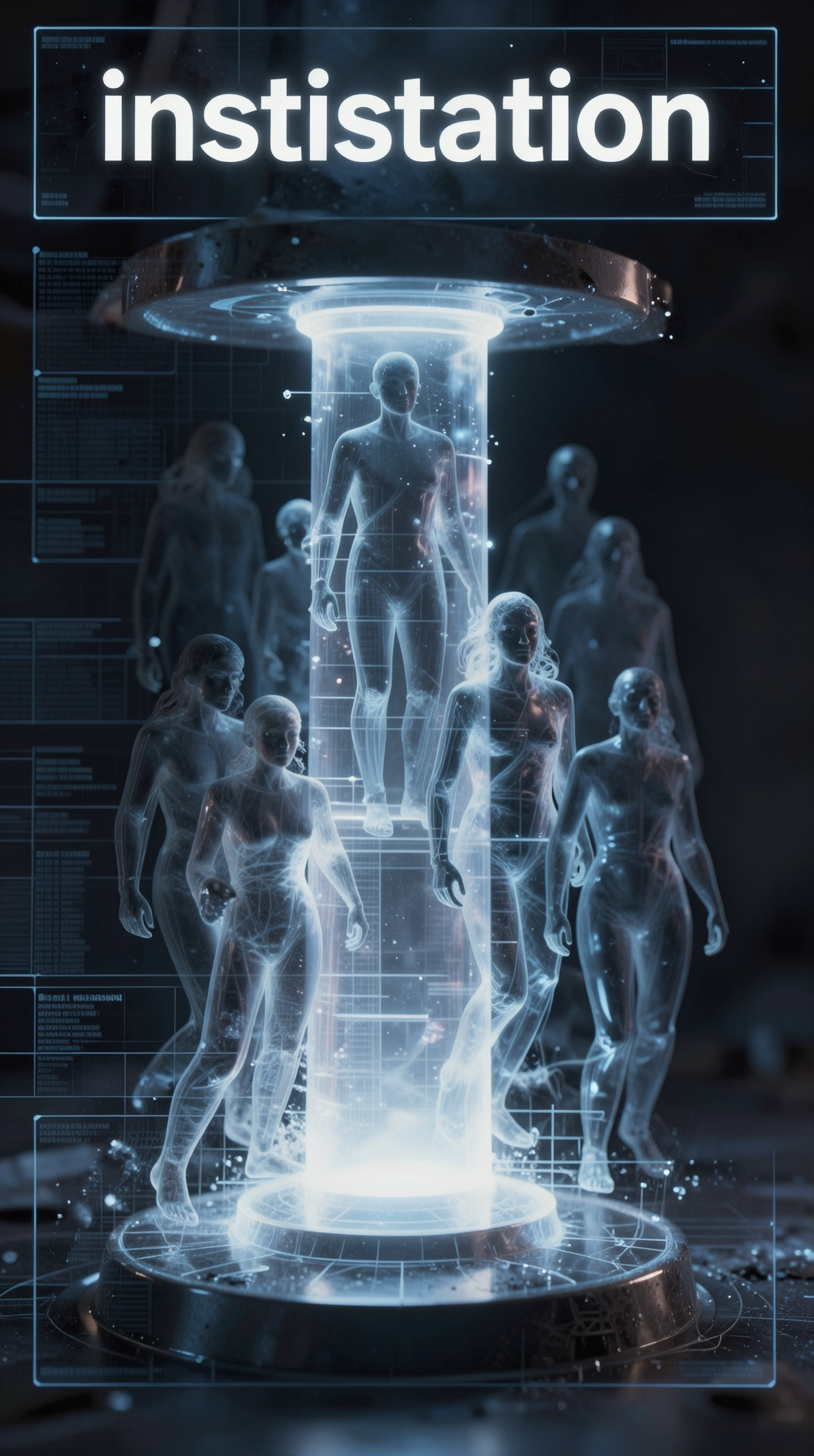 An abstract artistic representation of “instantiation,” showing a translucent blueprint overlaying a physical object, where multiple identical ghostly figures emerge from a single solid pillar of light, surrealist style, dramatic chiaroscuro lighting.