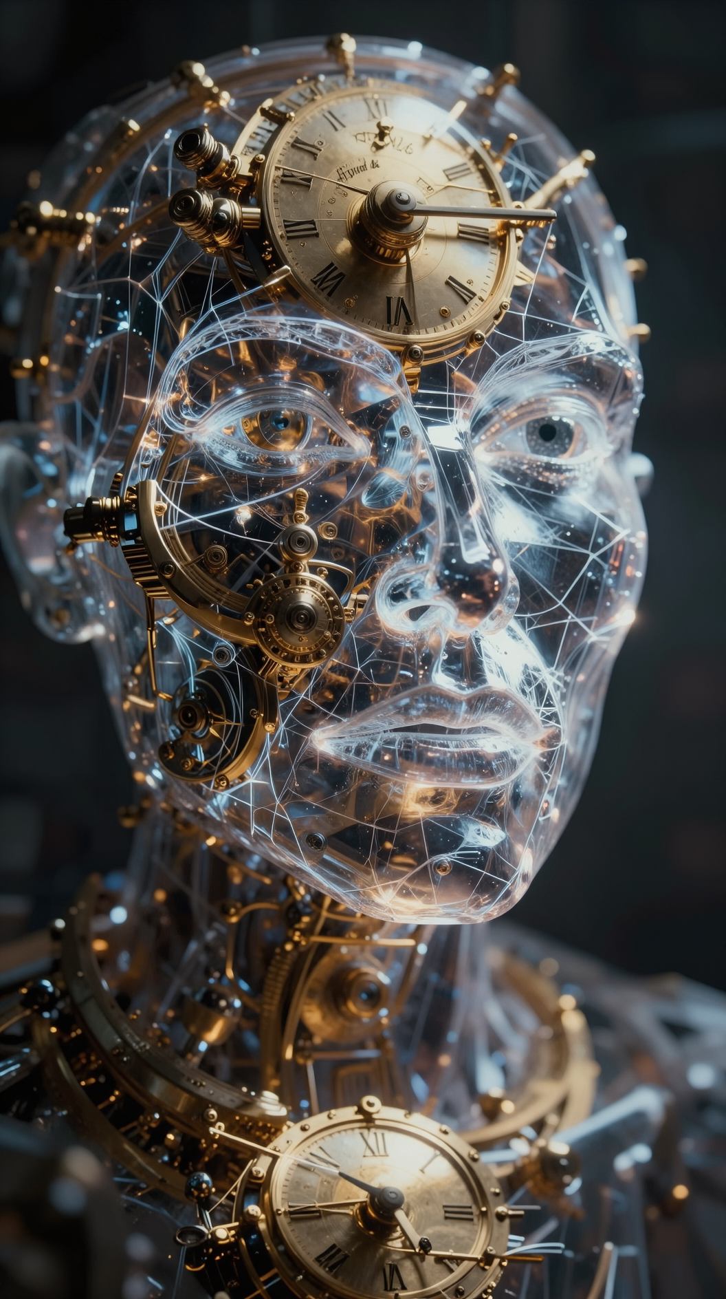 A cinematic, hyper-realistic wide shot of a colossal, translucent human face merged with a complex, golden celestial clockwork mechanism. The face is made of shimmering light and geometric lines, representing “physics with a face.” Ethereal atmosphere, deep shadows, 8k resolution, Neoplatonic aesthetic.