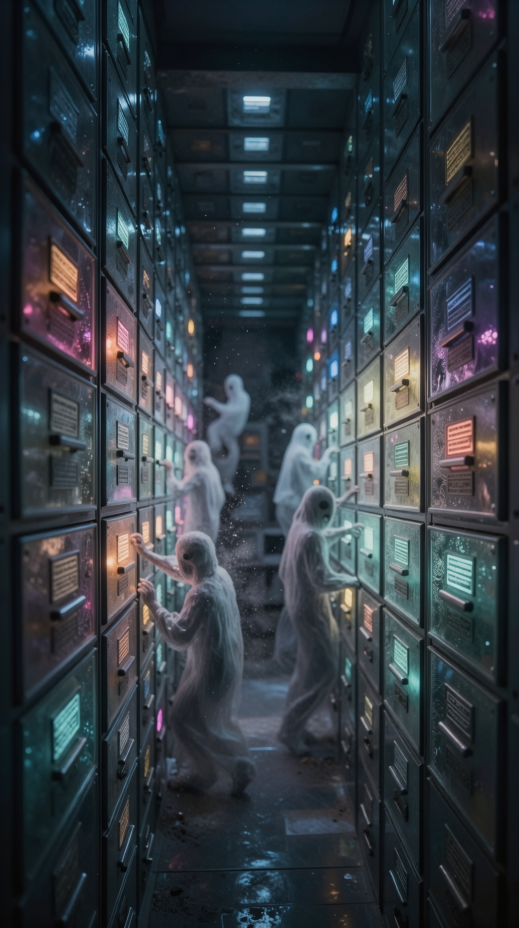 A surrealist image of an infinite, labyrinthine hallway of filing cabinets made of frosted glass. Each drawer is glowing with a different colored light, and tiny, intricate labels are etched onto the glass. Ghostly figures move through the maze, trying to organize the light. Moody chiaroscuro lighting, dust motes dancing in the air.
