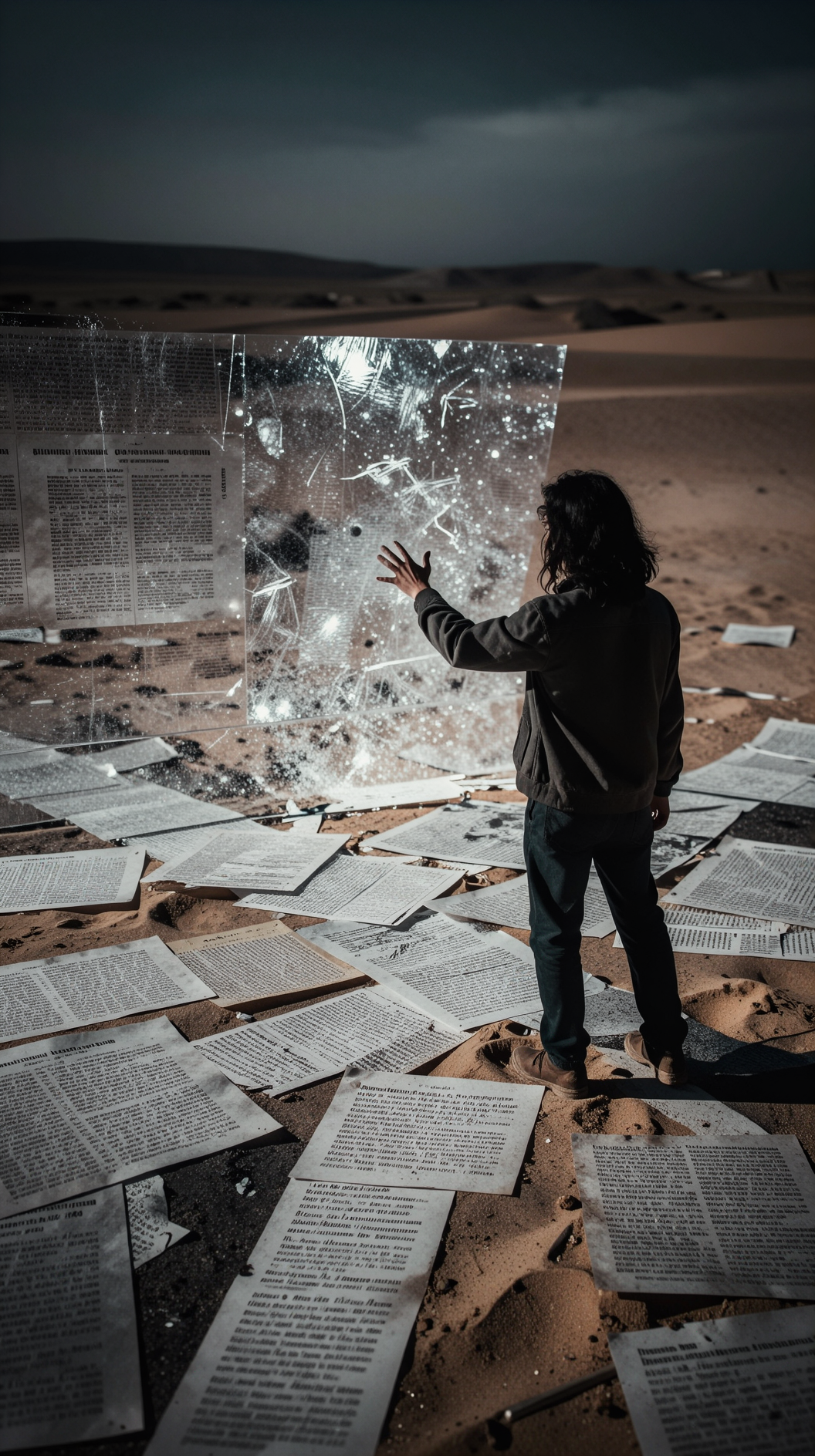 A high-contrast, artistic shot of a person standing at a crossroads in a desert where the sand is made of millions of overlapping, tiny scraps of paper covered in dense text and legalistic script. The horizon is blurred, and the person is reaching out toward a shimmering, invisible barrier. Dramatic, moody lighting, ultra-detailed textures.