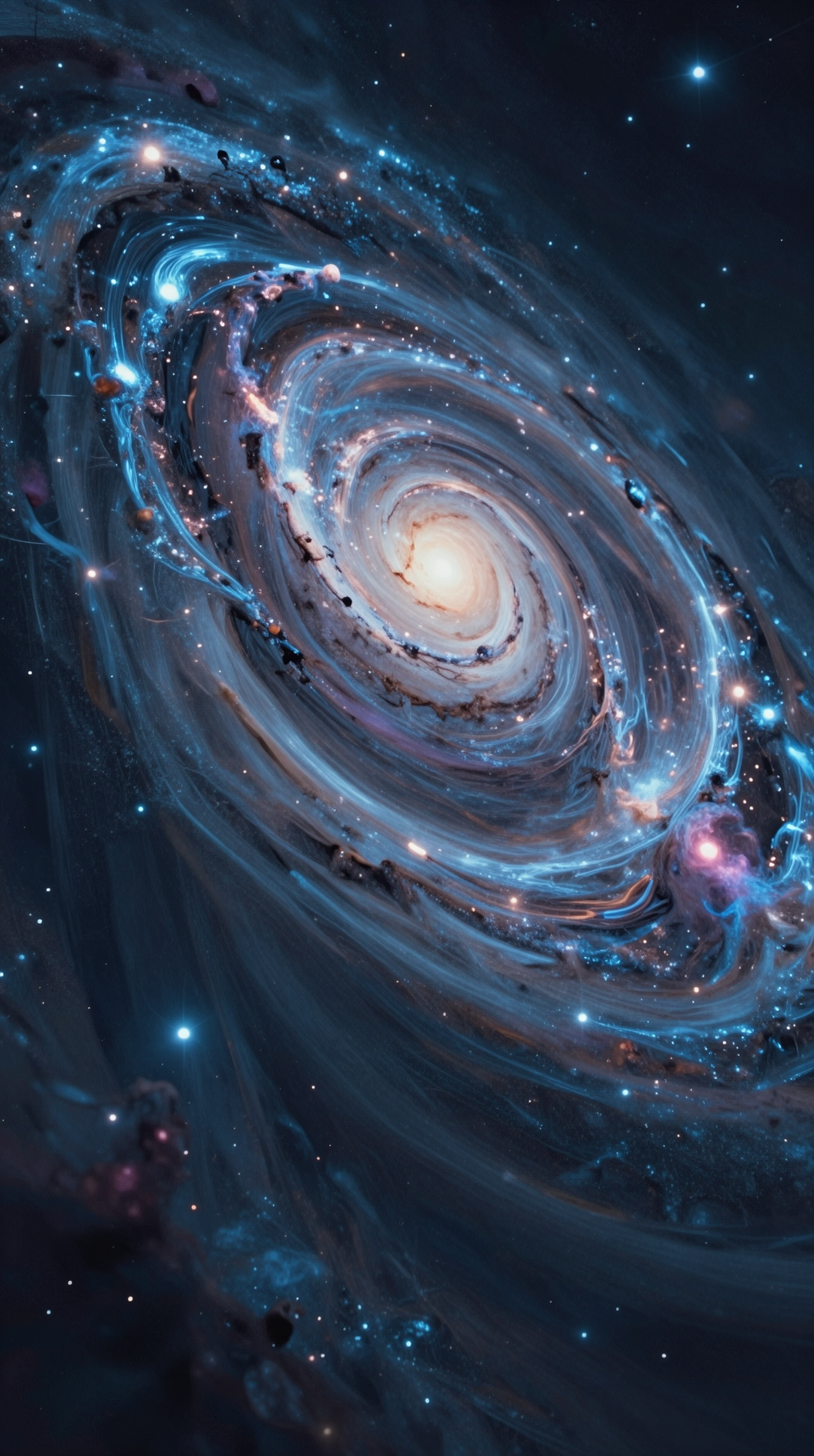 A cinematic wide shot of a vast, swirling galaxy where stars and nebulae are not solid objects but flowing currents of light, captured in a long exposure to emphasize motion over form, ethereal atmosphere, hyper-realistic.