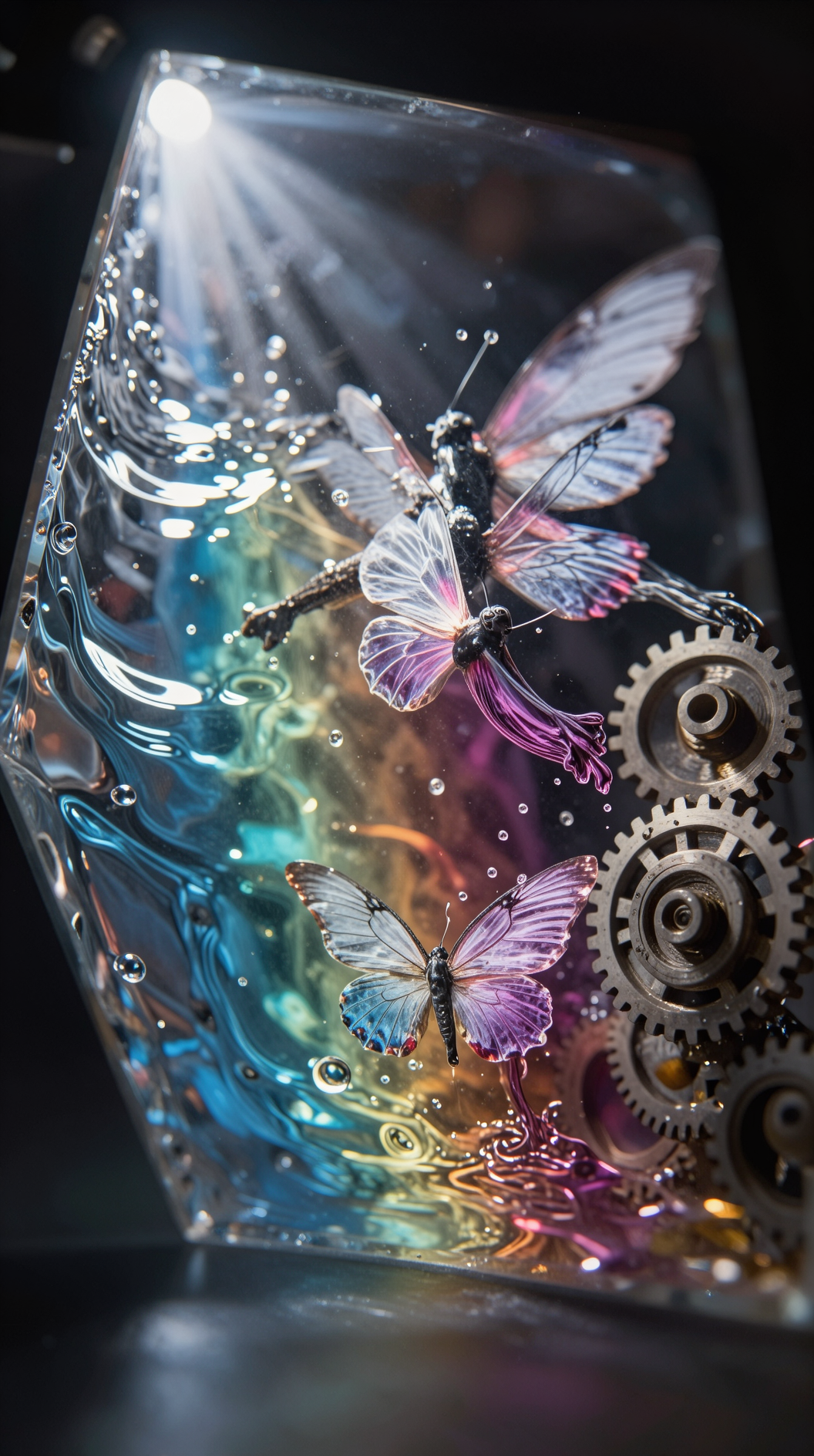 A macro close-up of a prism refracting white light into a spectrum, but instead of colors, the light transforms into different textures of motion—liquid ripples, fluttering wings, and spinning gears—symbolizing a lens of activity.