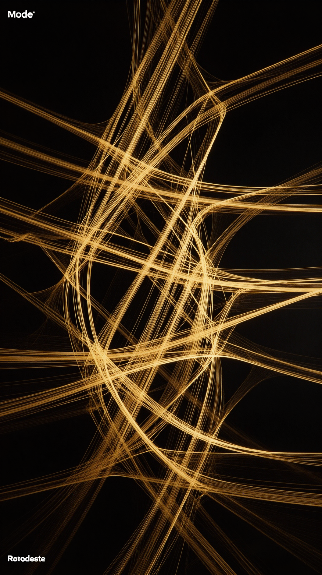 A minimalist abstract composition of golden threads weaving through a dark void, each thread representing a different ‘mode’ of movement, creating a complex tapestry that suggests the entire universe is a single unified action.