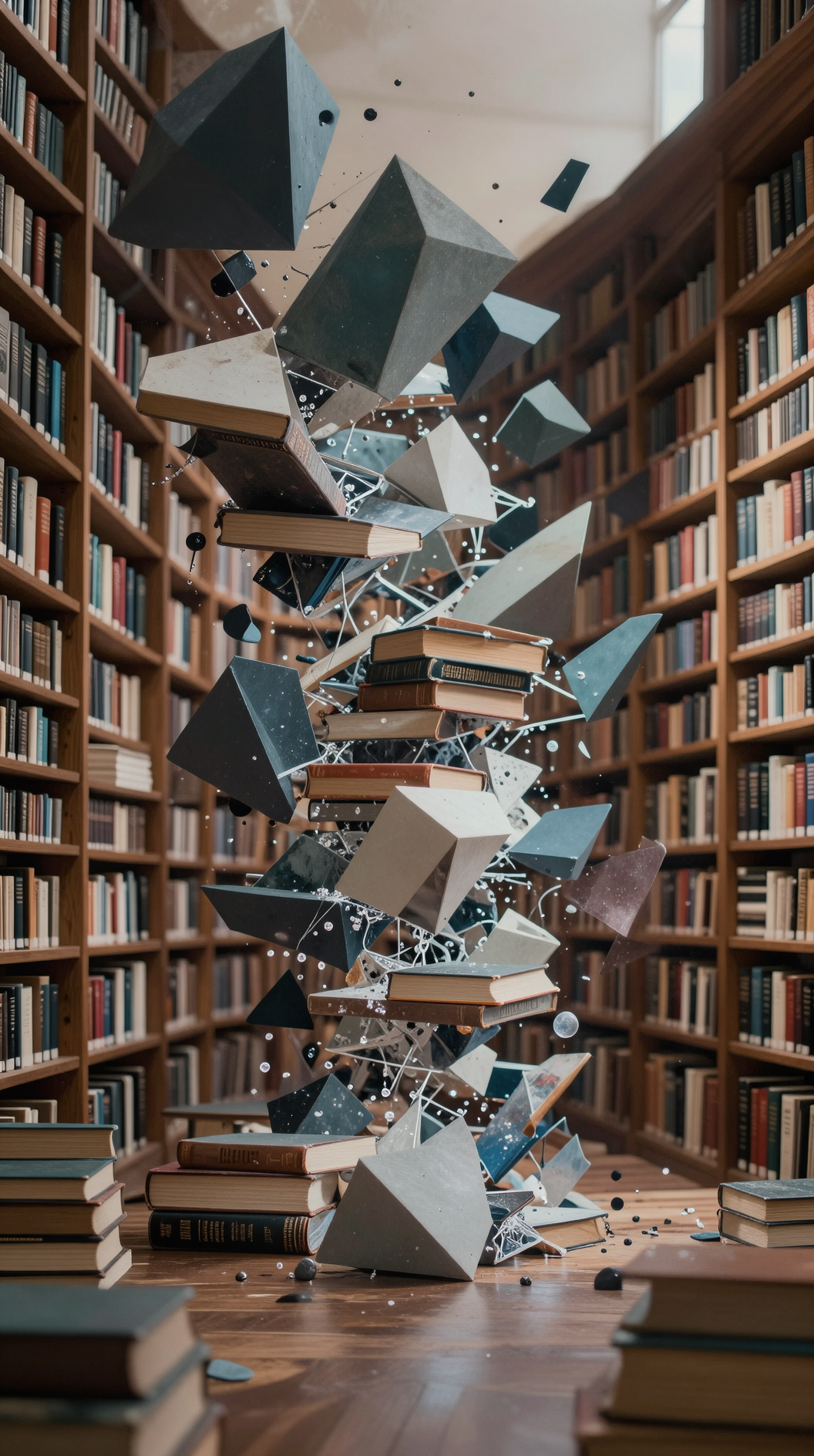 A conceptual art piece showing a vast library where the books dissolve into abstract geometric shapes, symbolizing knowledge as an independent entity separate from human observation.