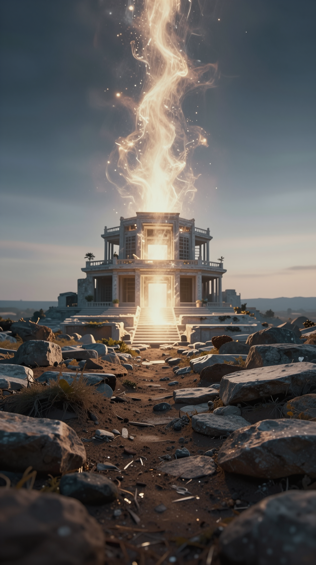A cinematic, ground-level view of a landscape where raw elements like earth and stone gradually organize themselves into perfect architectural symmetry through a glowing upward energy.