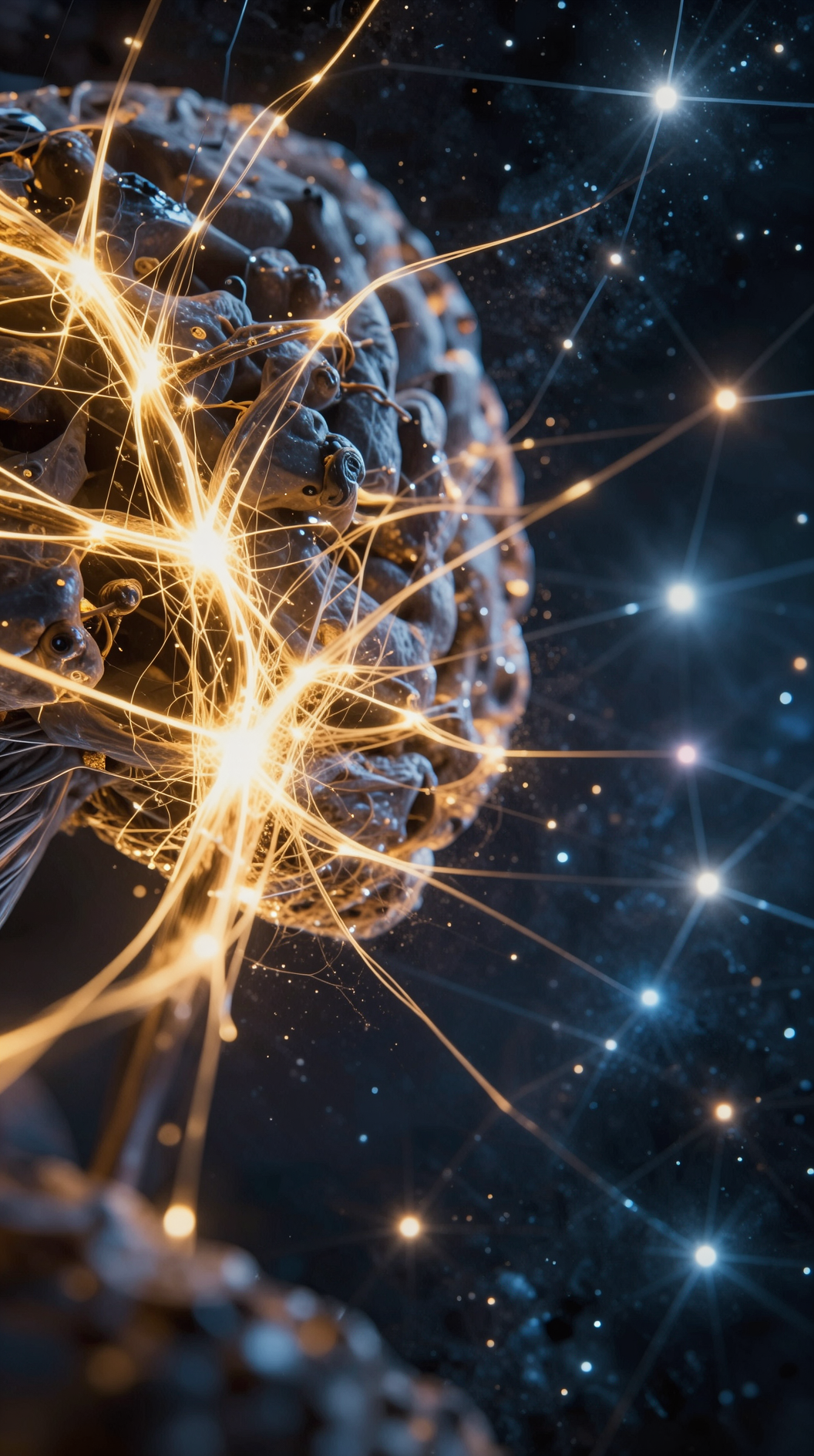A cinematic, macro close-up shot of neural pathways glowing with golden electricity, morphing seamlessly into a vast, interconnected constellation of stars, symbolizing the bridge between biological brains and cosmic egregors.