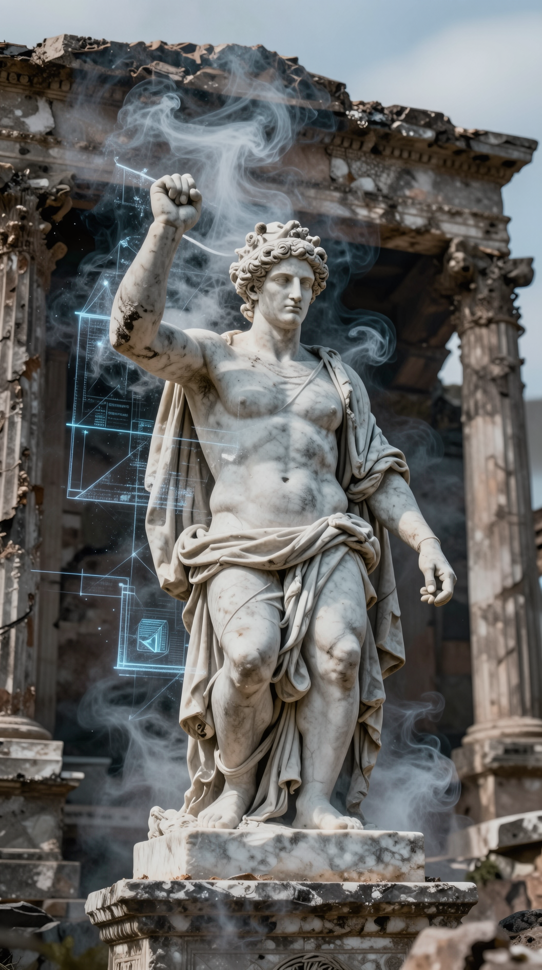 A marble statue of a Greek deity in a ruined temple, half-dissolved into swirling smoke and geometric fractals, representing the shift from anthropomorphic idols to impersonal forces and abstract qualia.