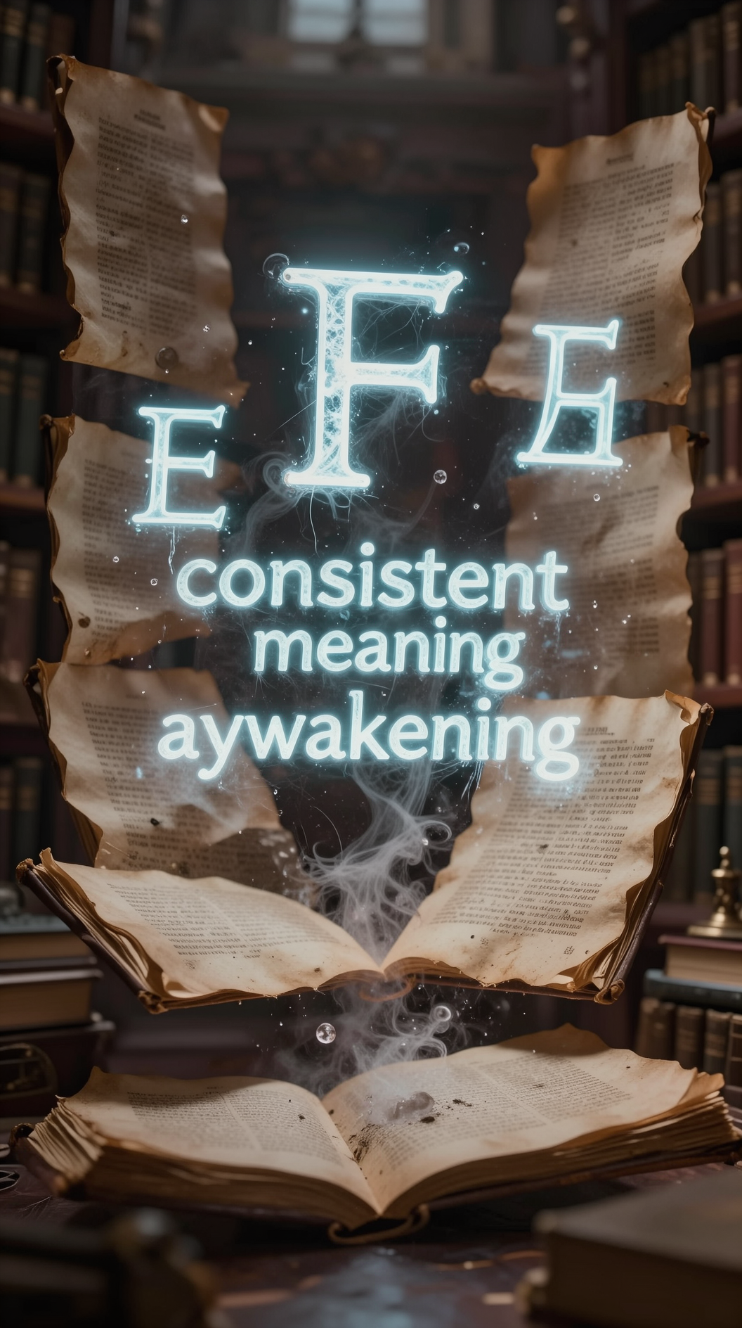 An ancient library where parchment pages float in mid-air, the ink lifting off the paper to form glowing, suspended symbols of Greek letters that pulse with light, illustrating the concept of “consistent meaning” as a form of artificial awakening.