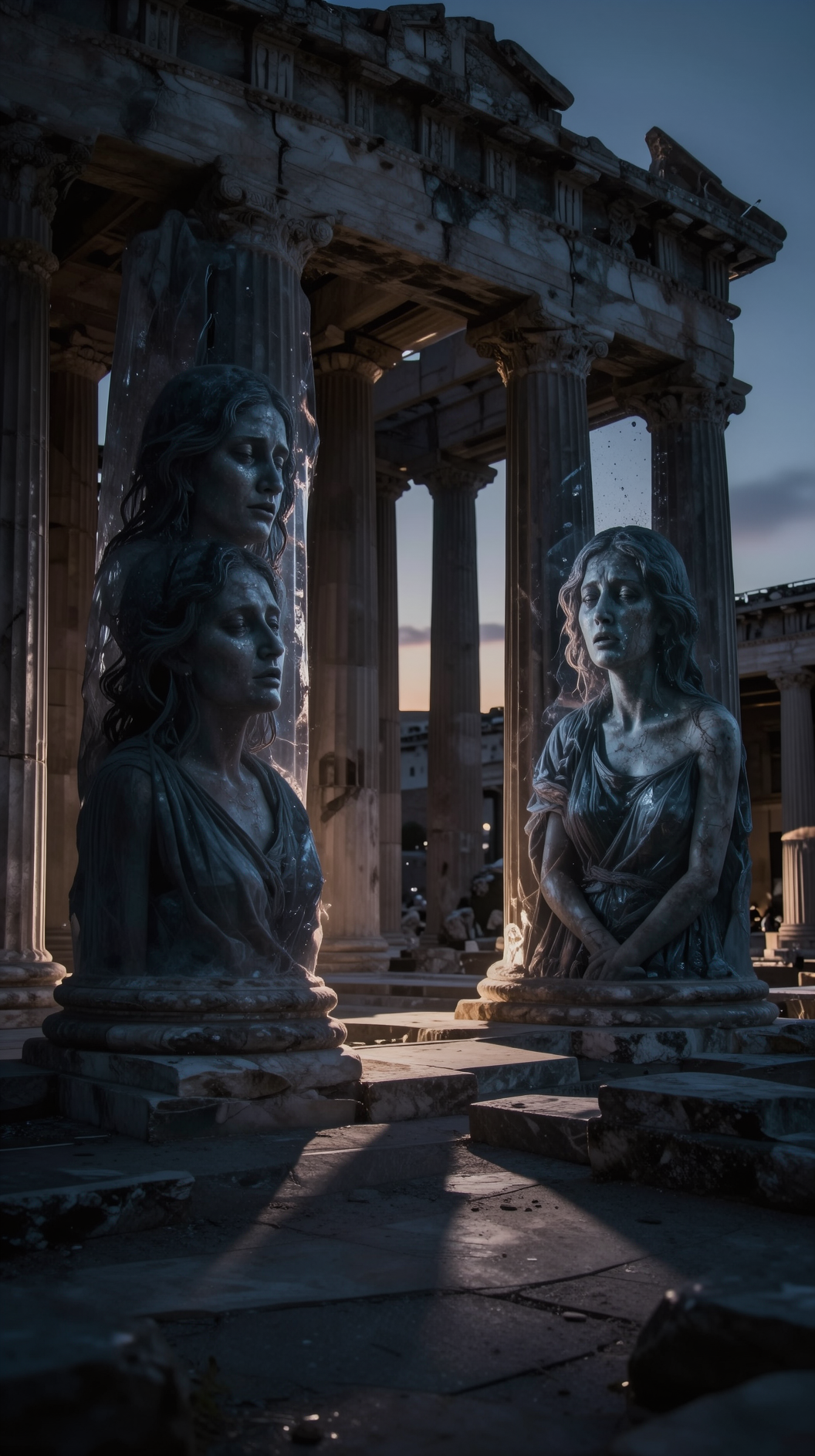 A cinematic wide shot of an ancient Greek agora at twilight, where the towering marble columns are partially translucent, revealing ghostly, sorrowful faces of women trapped within the stone. The lighting is heavy chiaroscuro, casting long, dramatic shadows that feel suffocating. 8k, photorealistic, moody atmosphere.