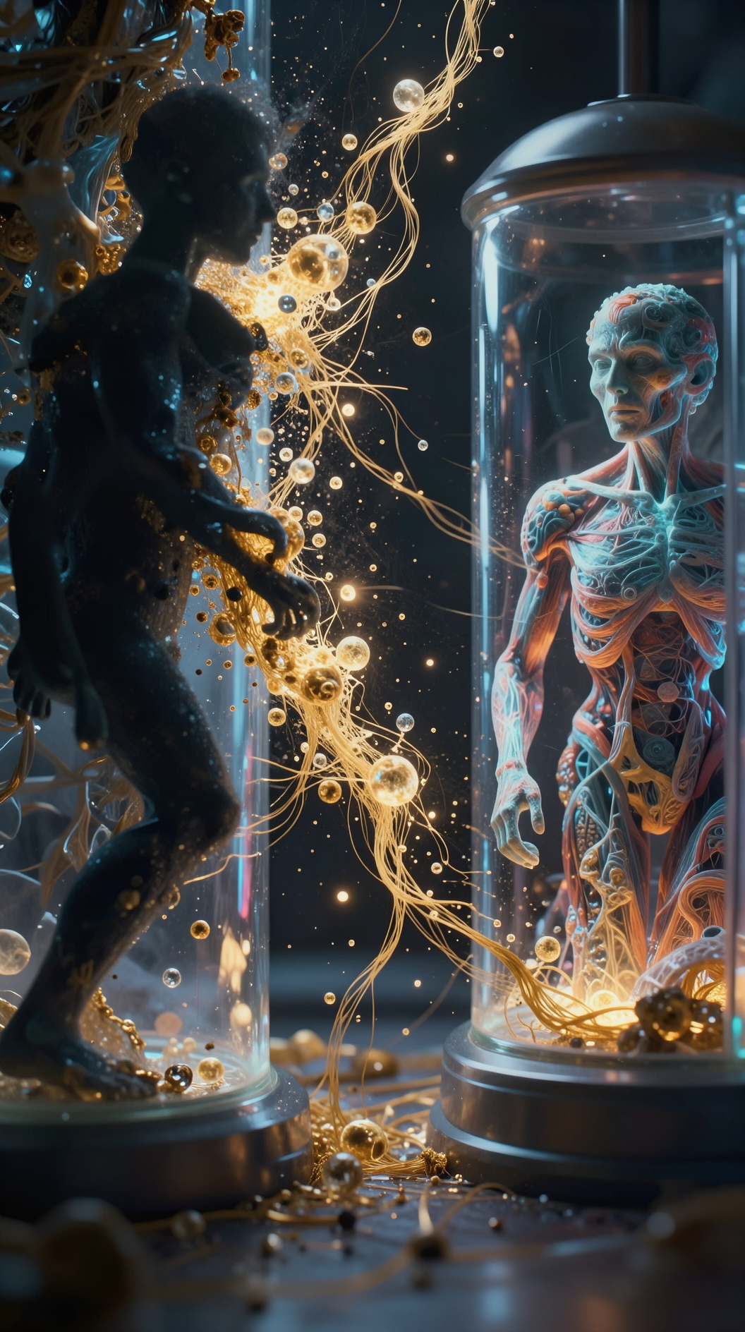 A surreal, high-concept visual representing the teletransportation paradox: a human silhouette dissolving into a stream of glowing organic particles and golden threads, simultaneously appearing and disappearing between two identical glass chambers. Hyper-detailed, bioluminescent aesthetics, macro-photography style, intricate textures of light and anatomy.