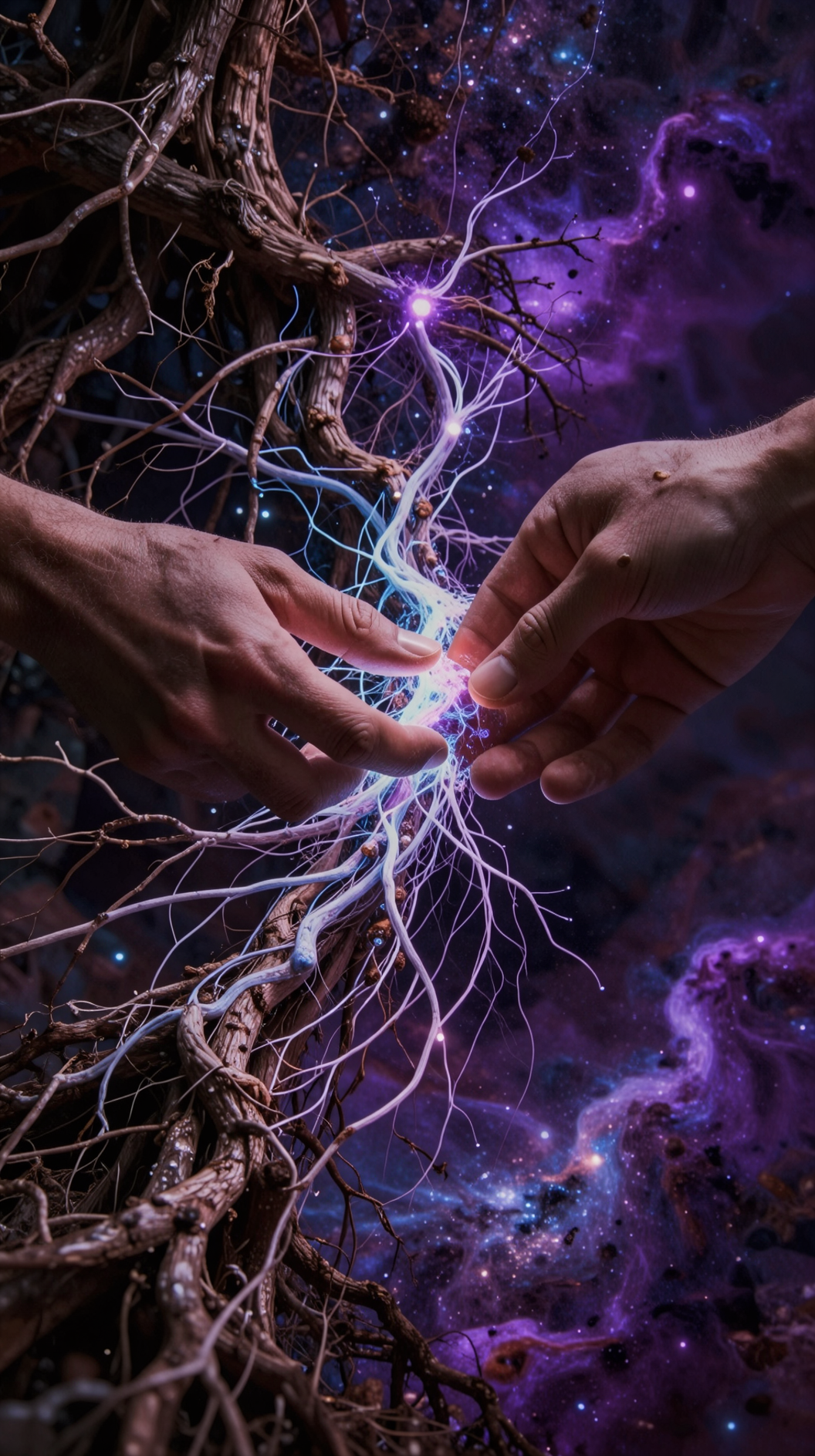 A visceral double-exposure image. A close-up of two hands reaching toward each other, where the point of contact transforms into a sprawling, interconnected web of neural pathways, tree roots, and cosmic nebulae. Deep earthy tones mixed with vibrant violets, cinematic lighting, symbolic of pan-naturalism and the interconnected self.