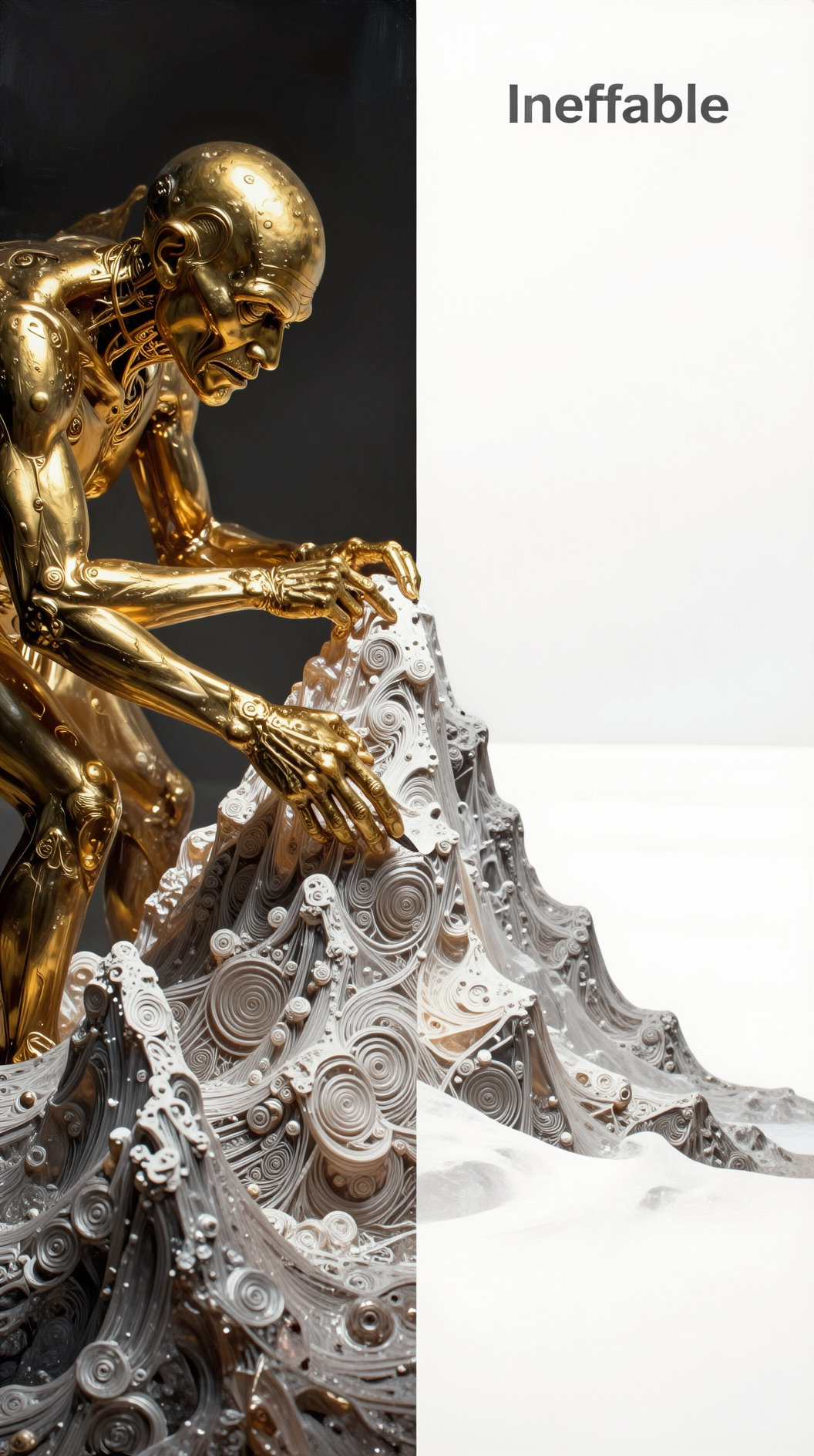 A split-screen conceptual art piece. On the left side, a majestic, golden humanoid figure (The One) is laboriously sculpting a complex, fractal-like mountain out of solid light, looking burdened by the act of creation. On the right side, an absolute, featureless white expanse representing the Ineffable, where there is no form, no shadow, and no movement. High-contrast, oil painting style.