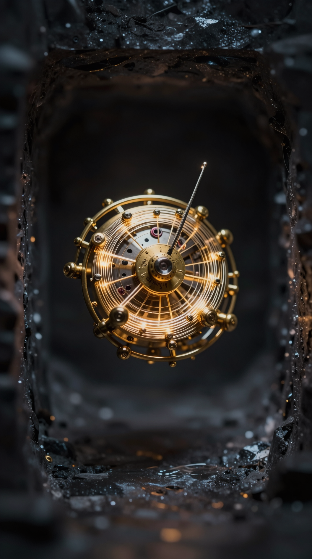 A macro photography shot of a tiny, intricate clockwork galaxy made of brass and glowing filaments, suspended in a vast, hollow obsidian chamber. The galaxy is beautiful but small and contained, illustrating the “finite” universe. The chamber around it is perfectly empty and silent. Moody, photorealistic, shallow depth of field, 8k resolution.