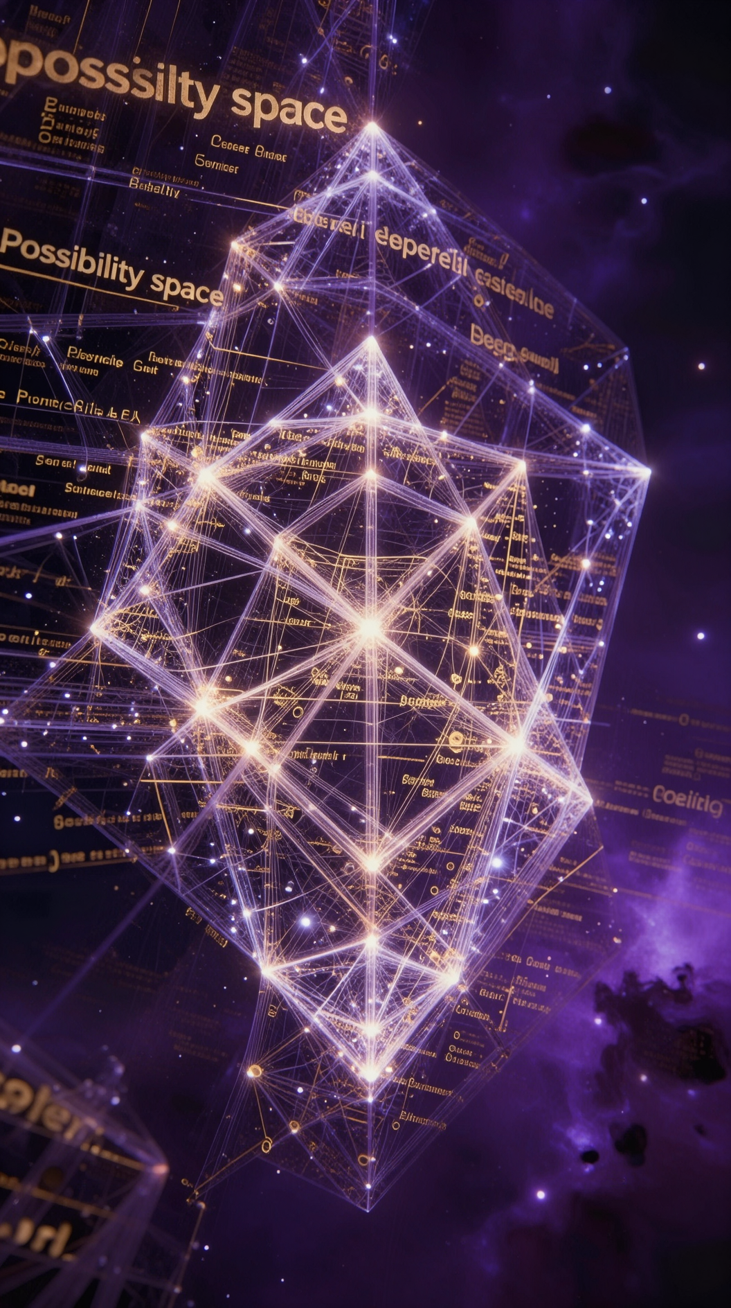 A vast, infinite cosmic lattice of glowing geometric fractals and golden mathematical equations floating in a deep violet nebula. The structure represents a “possibility space” where every potential reality exists as a shimmering thread of light. Cinematic lighting, hyper-detailed, 8k, ethereal atmosphere, wide angle.