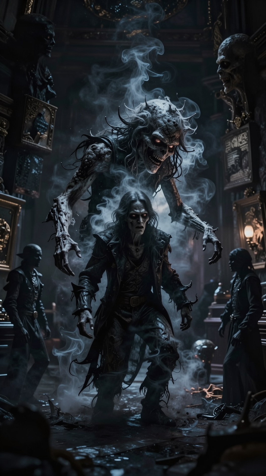 A surreal, dark interior where human memories are manifesting as smoky, shifting silhouettes. A central figure is being haunted by a distorted, monstrous shadow—a personification of trauma mutating into a demonic entity. Ethereal, gothic horror aesthetic, moody lighting, heavy atmosphere, intricate textures, photorealistic.