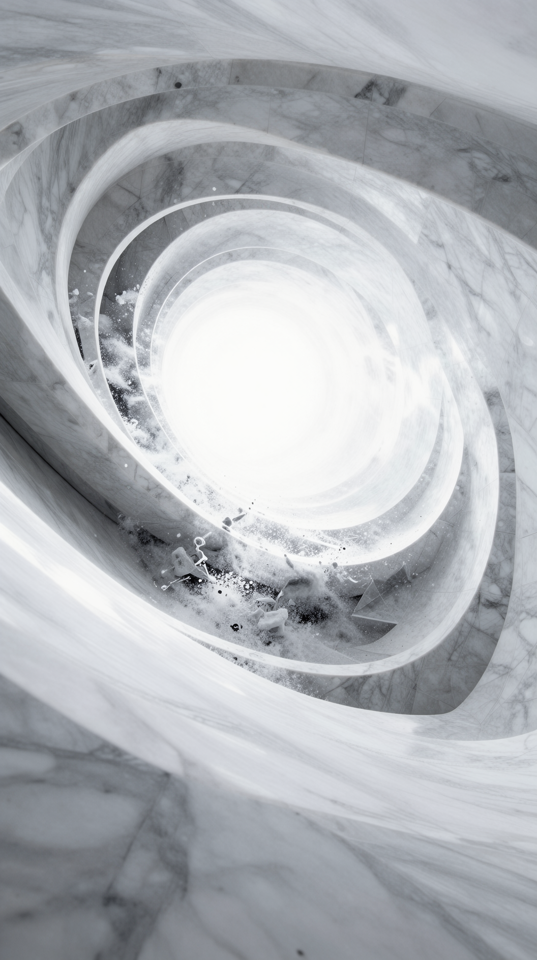 A massive, architectural pyramid funnel made of white marble and light, spiraling inward toward a single, blindingly bright point of absolute nothingness. The structure is dissolving into geometric dust as it reaches the center. Minimalist, divine, transcendental, high contrast, 8k resolution, volumetric lighting.