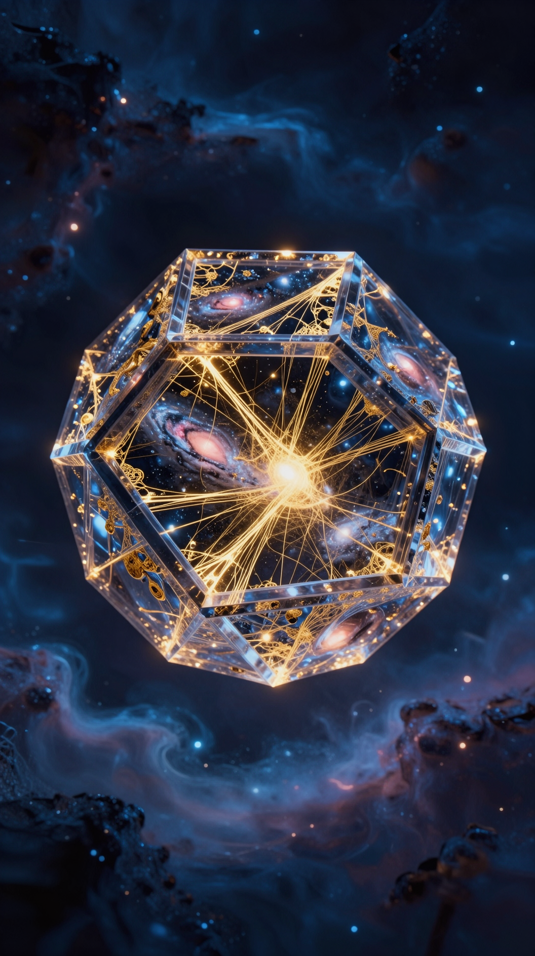 A cinematic wide shot of a colossal, translucent geometric dodecahedron floating in the center of a swirling nebula. Inside the structure, golden threads of light connect distant galaxies like a cosmic web. Hyper-realistic, 8k resolution, ethereal lighting, intricate fractal patterns, deep indigo and gold color palette.