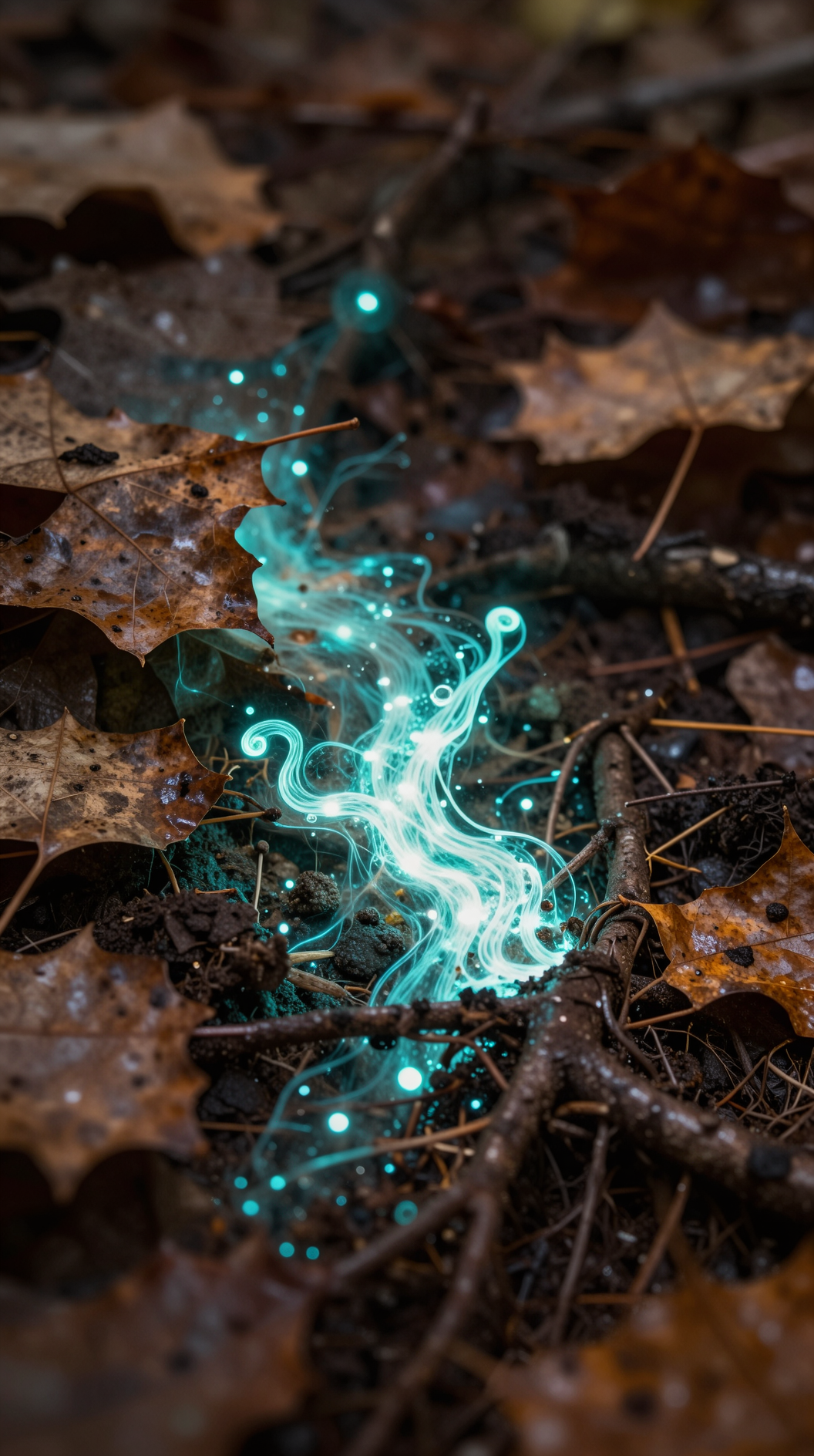 Macro photography of a forest floor where decaying autumn leaves are morphing into glowing, bioluminescent cellular structures. A visual metaphor for biological reincarnation, showing life-force flowing through soil and root systems. Soft bokeh, earthy tones mixed with neon pulses, ultra-detailed textures.