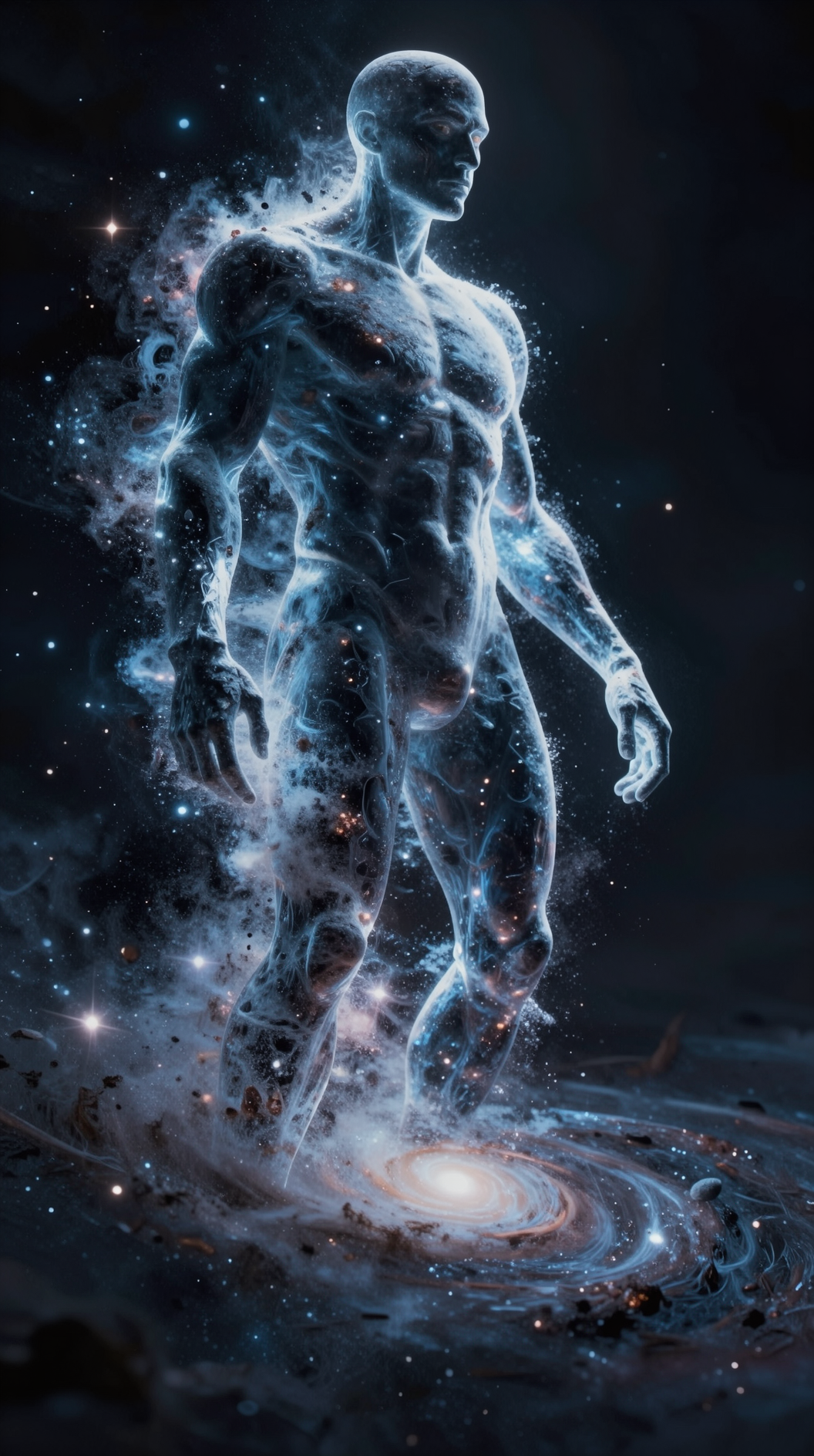 A majestic, towering humanoid silhouette made of pure starlight and cosmic dust, slowly dissolving and merging into a swirling galaxy. The boundary between the figure and the stars is blurring until they are indistinguishable. Epic scale, cinematic atmosphere, ethereal lighting, masterpiece quality.