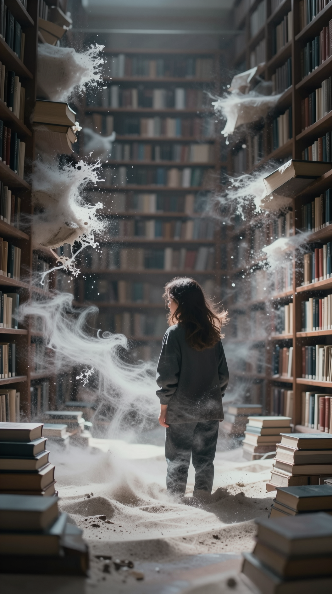 A surreal, cinematic wide shot of a person standing in a vast, infinite library where the books are disintegrating into fine white sand and blowing away in a phantom wind. Soft, ethereal morning light, 8k resolution, photorealistic, melancholic atmosphere.