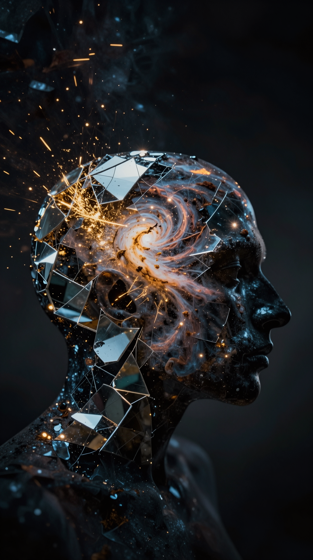 A double exposure of a human head silhouette; inside the head is a swirling nebula of shattered mirrors and flickering golden sparks, representing fragmented memories. Dark, moody background, high contrast, hyper-detailed.