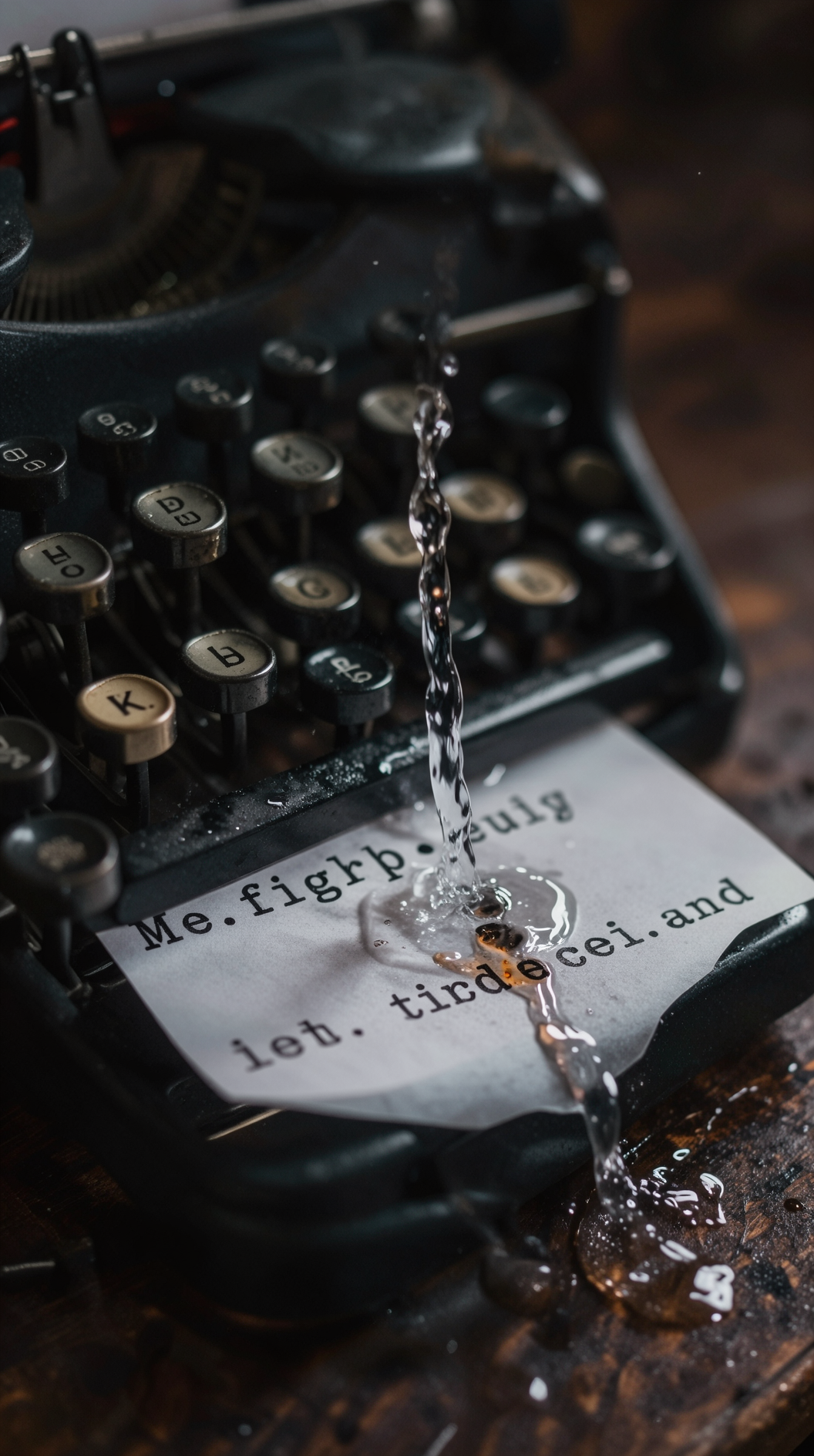 A macro close-up of a vintage typewriter on a dark wooden desk; the paper being slowly dissolved by a wave of clear water, the black ink letters melting and running down the page. Moody, dramatic shadows, cinematic depth of field.